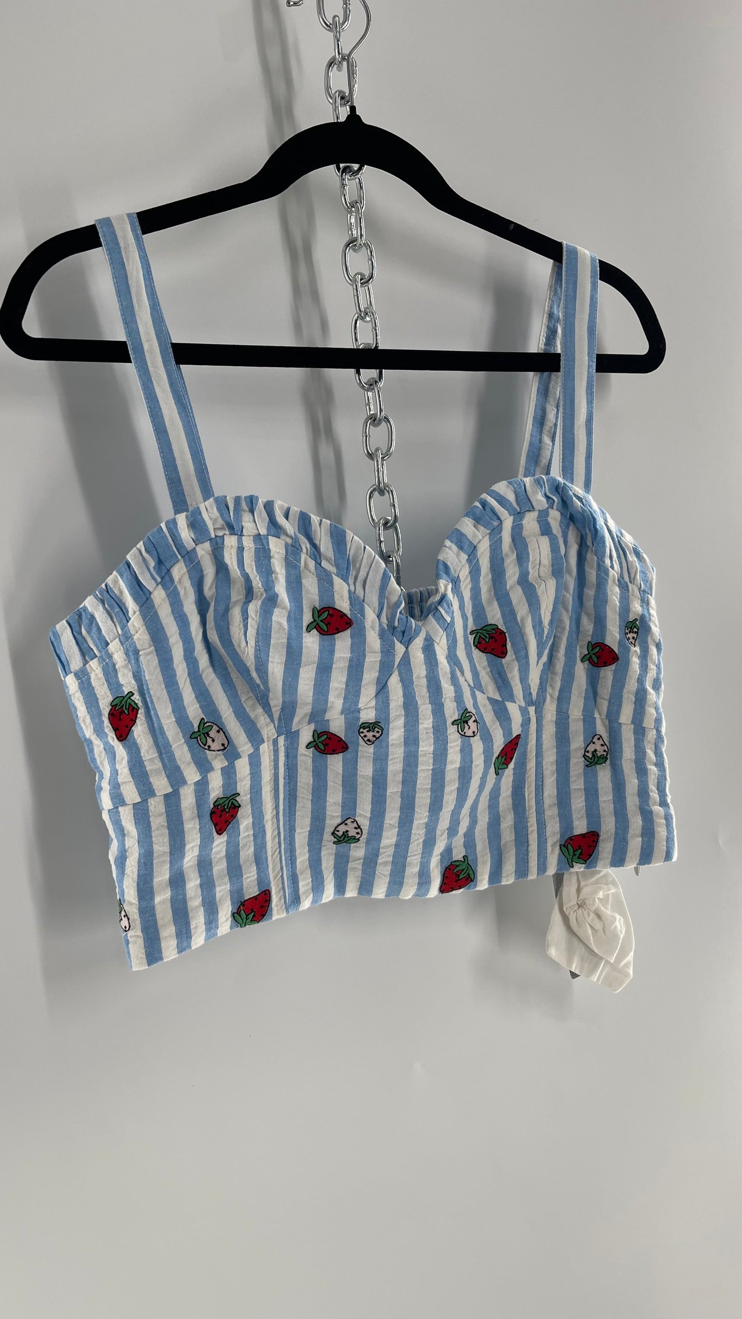 Maeve Anthropologie Baby Blue White Striped Corset Like Crop with Embroidered Strawberries (6)