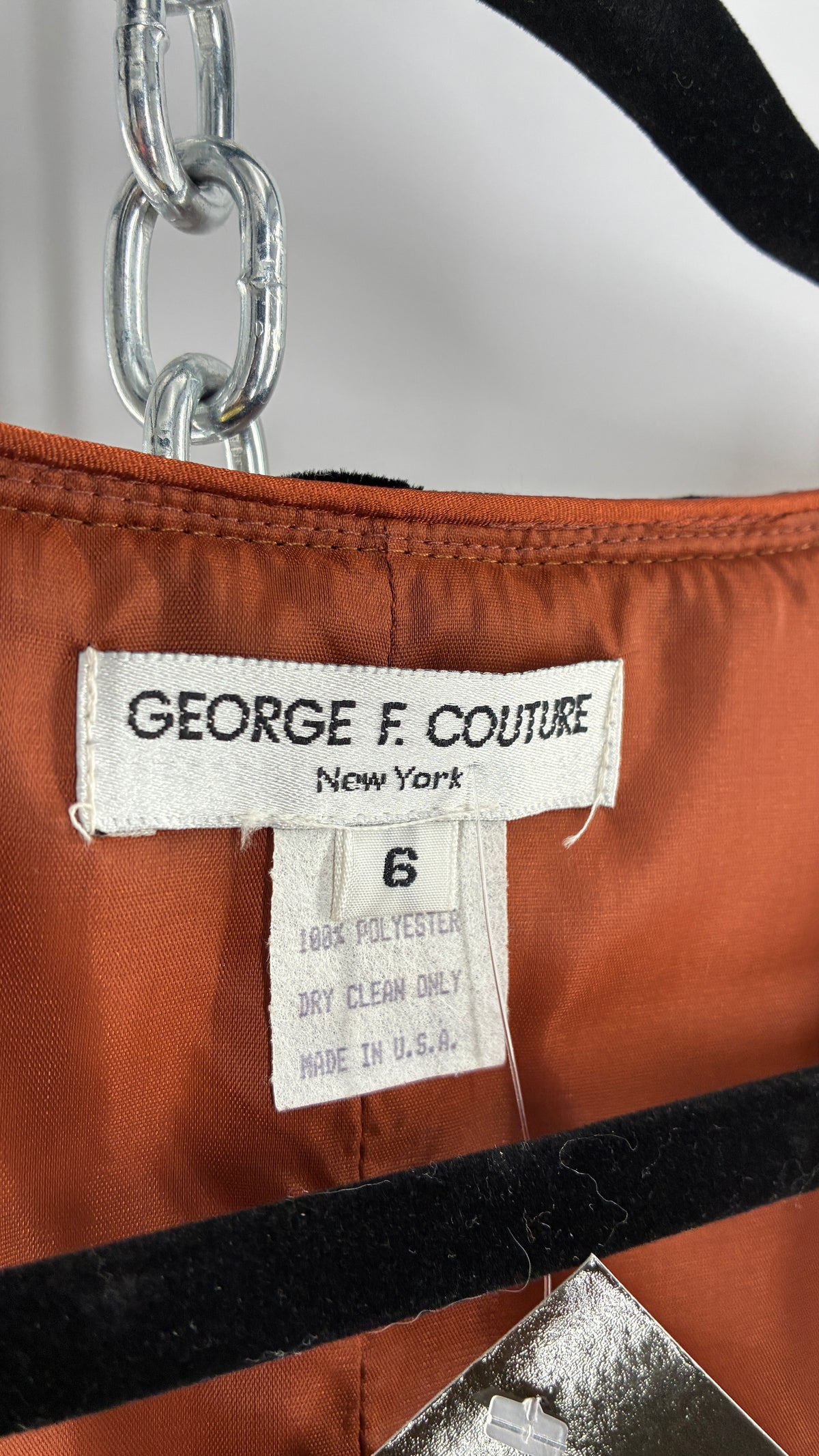 Vintage GEORGE F COUTURE Plissé 2 Piece Burnt Orange Structured Blazer Set with Velour, Gold Rope Detail (6)