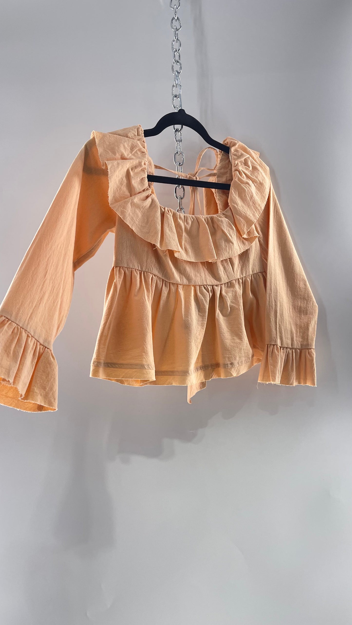 Free People Pumpkin Light Orange Backless Bow Back Cropped Blouse with Ruffle Sleeve and Neckline (XS)