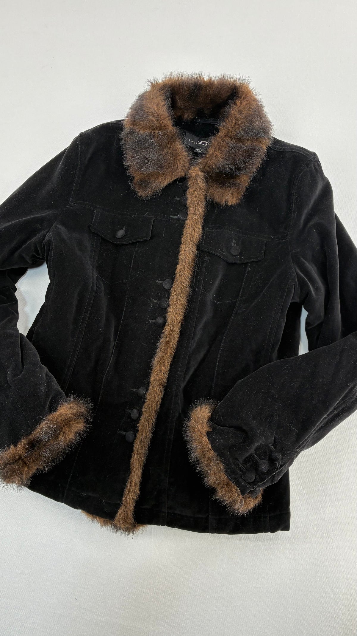 Vintage BLACK RIVET Velour Jacket with Vegan Fur Trim Collar and Cuffs (Large)
