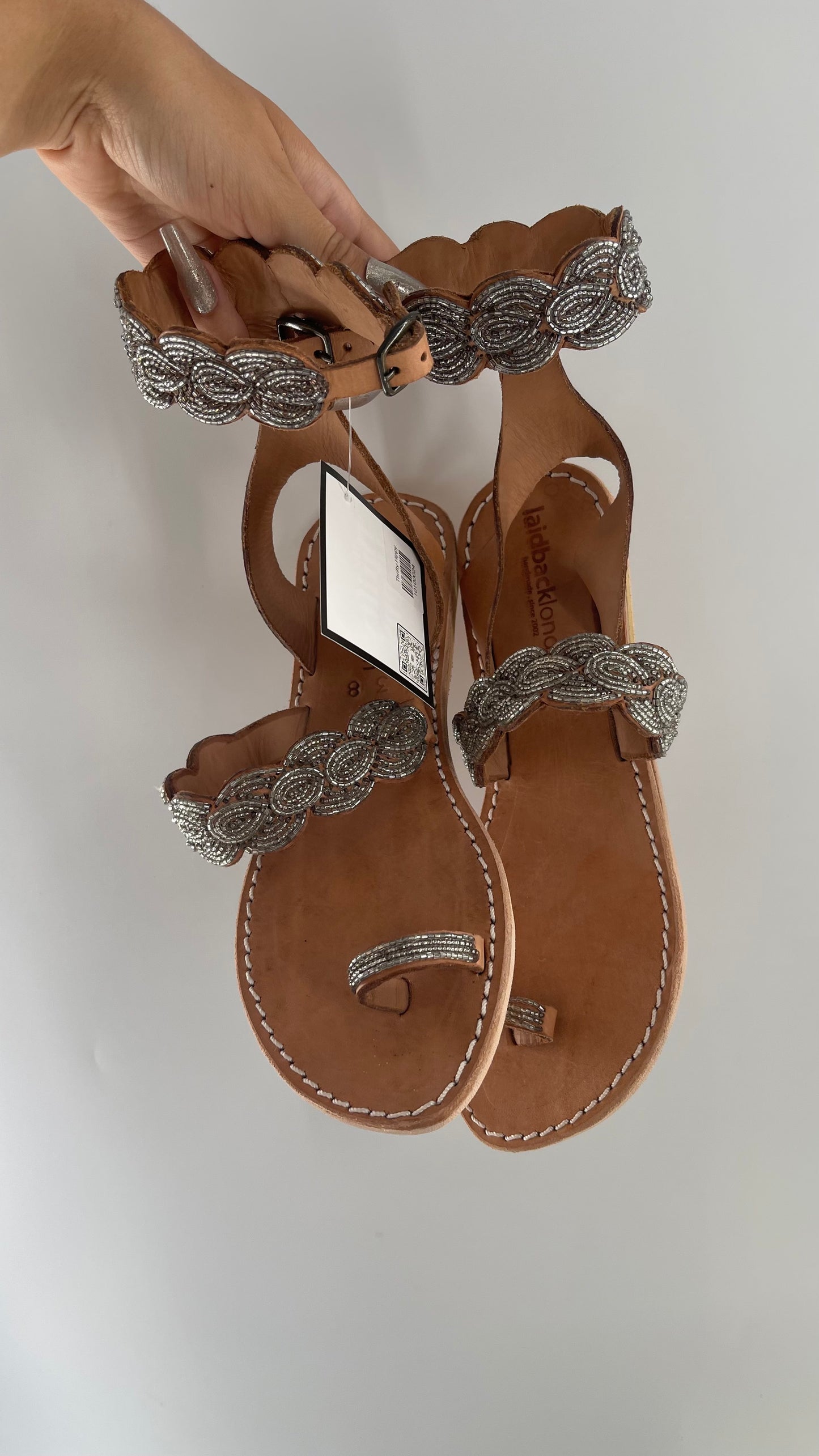 Free People Laidback London Handmade Sandals with Tan Leather Straps Covered in Silver Beaded Details (38)