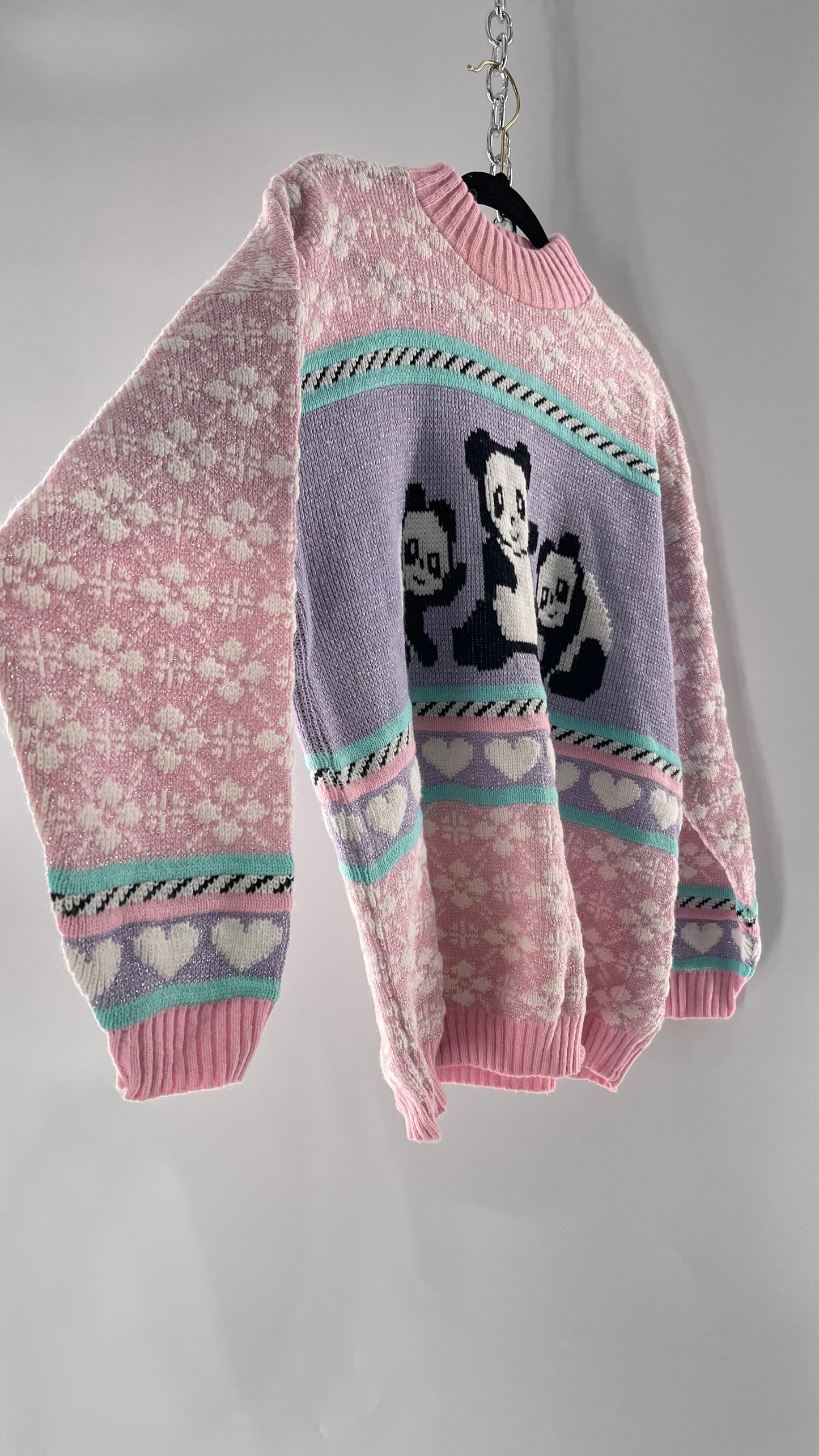 RARE 80s Vintage Adele Pastel Pink, Purple, Mint Silver Tinsel Sweater with Anime/Manga Art Style Pandas (Medium)