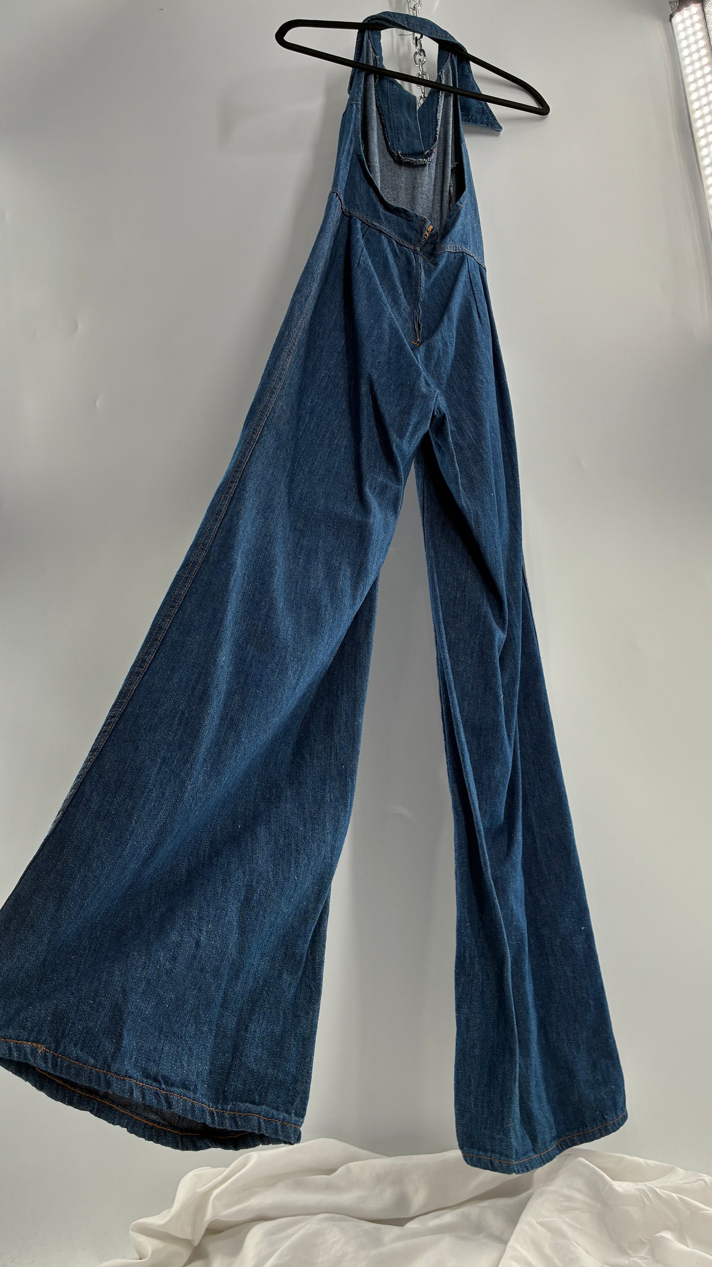 RARE Vintage 1970s Landlubber Medium Wash Denim, Sleeveless Halter, Wide Leg Bell Bottom, Jumpsuit (No Size on Tag, XS)