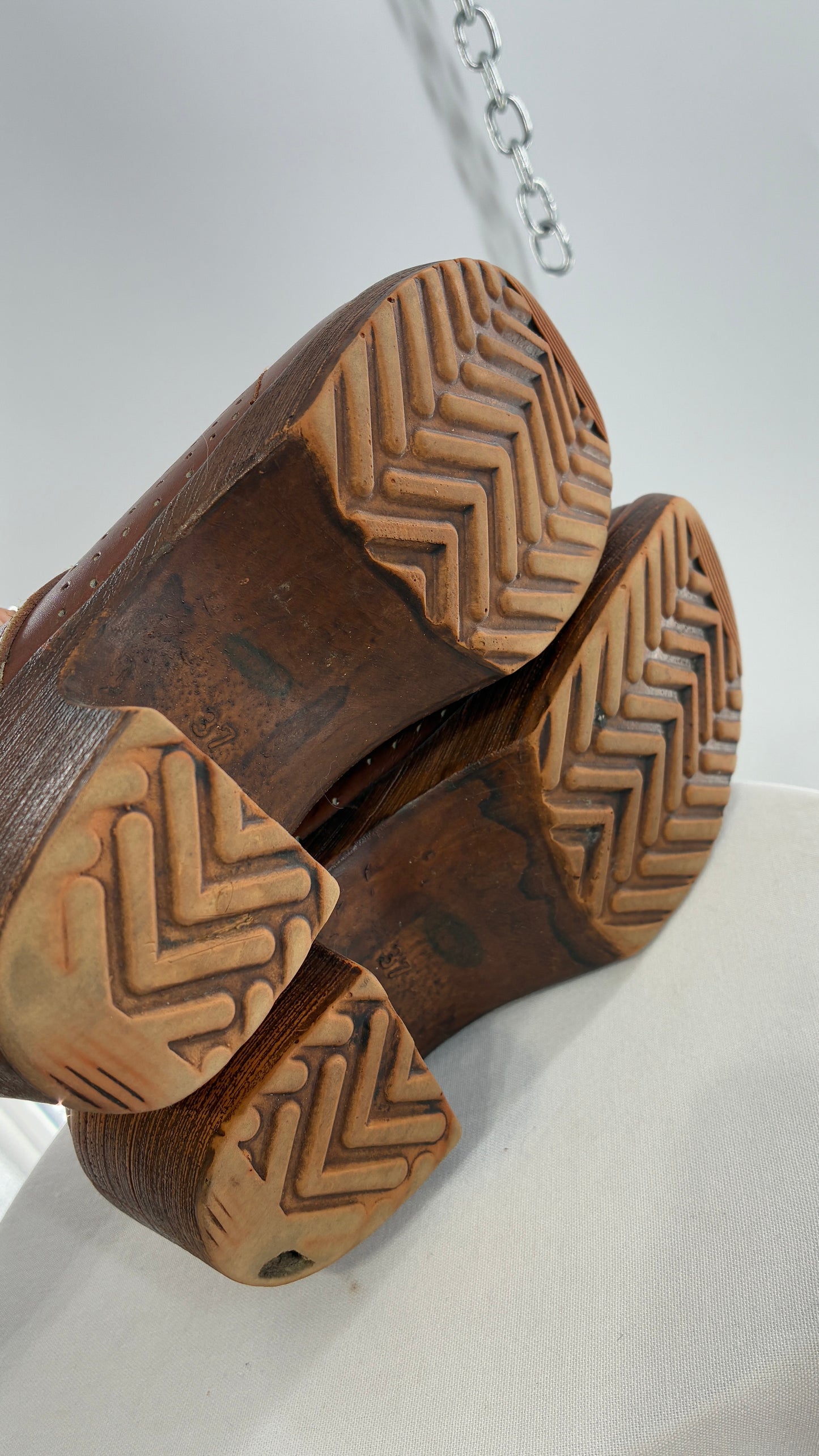 Vintage EMBLA 1970s Brown Leather, Wooden Clogs (37)