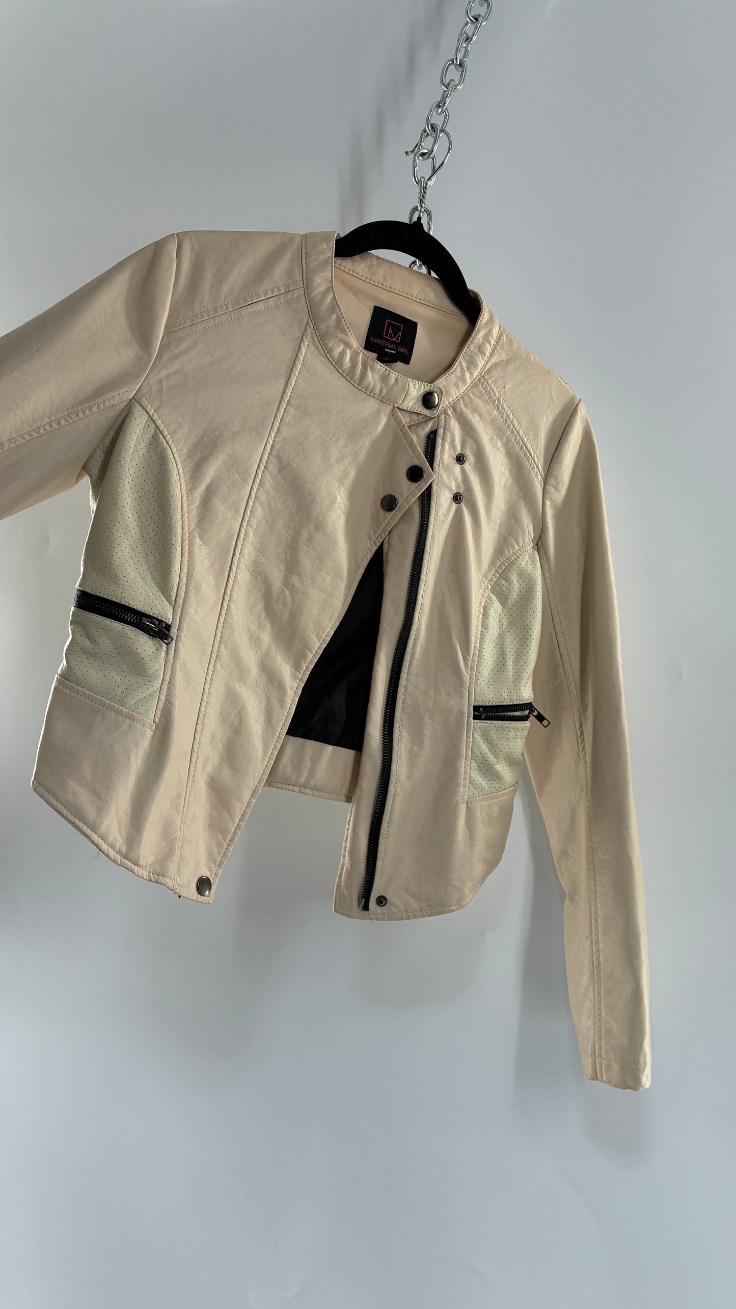 Vintage MATERIAL GIRL Cream Vegan Leather Moto Jacket with Contrast Zipper and Neck Strap (Small)