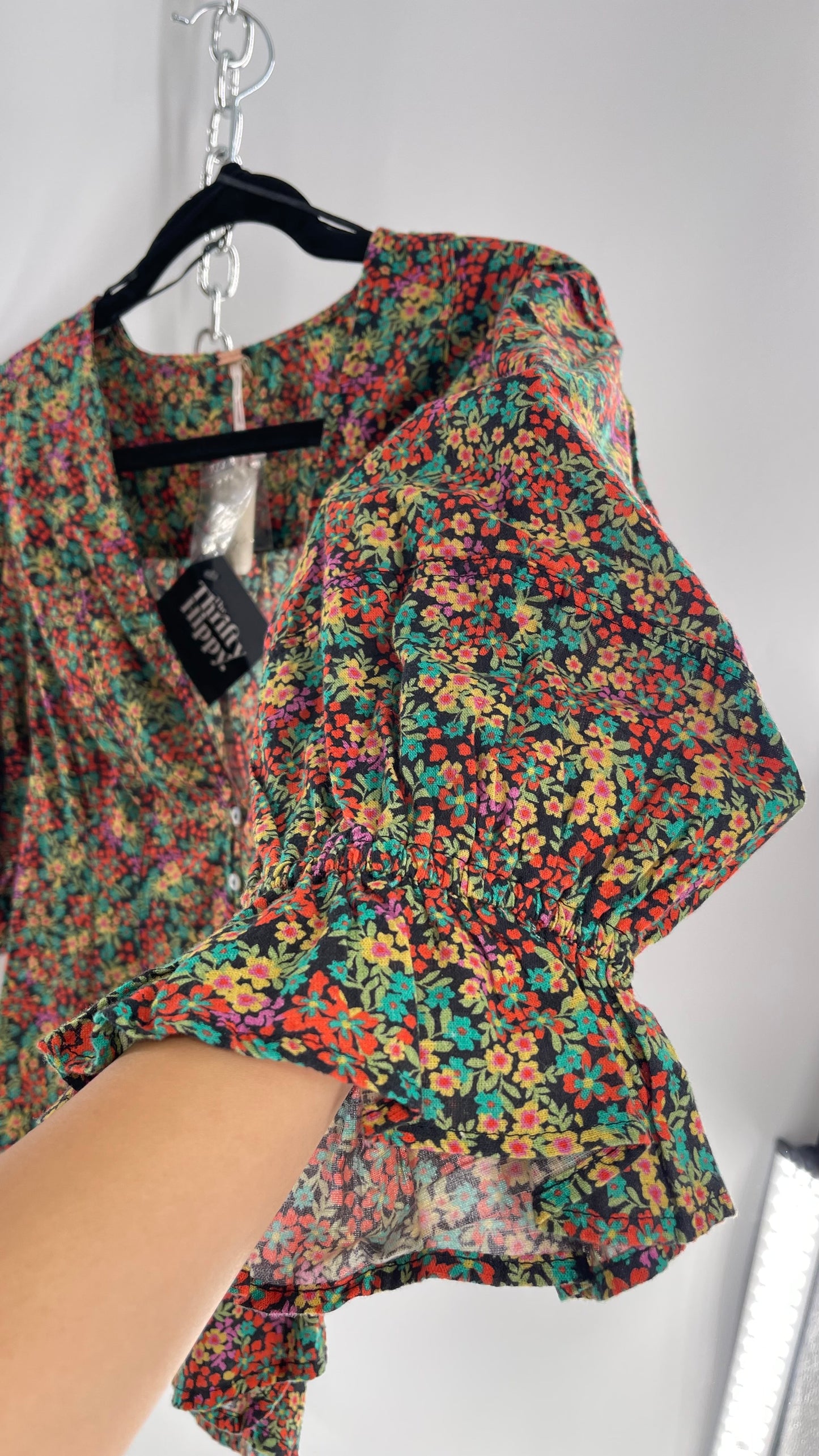 Free People 100% Cotton Colorful Florals Blouse with Deep V, Puff Sleeves, Button Front, and Tags Attached  (Small)