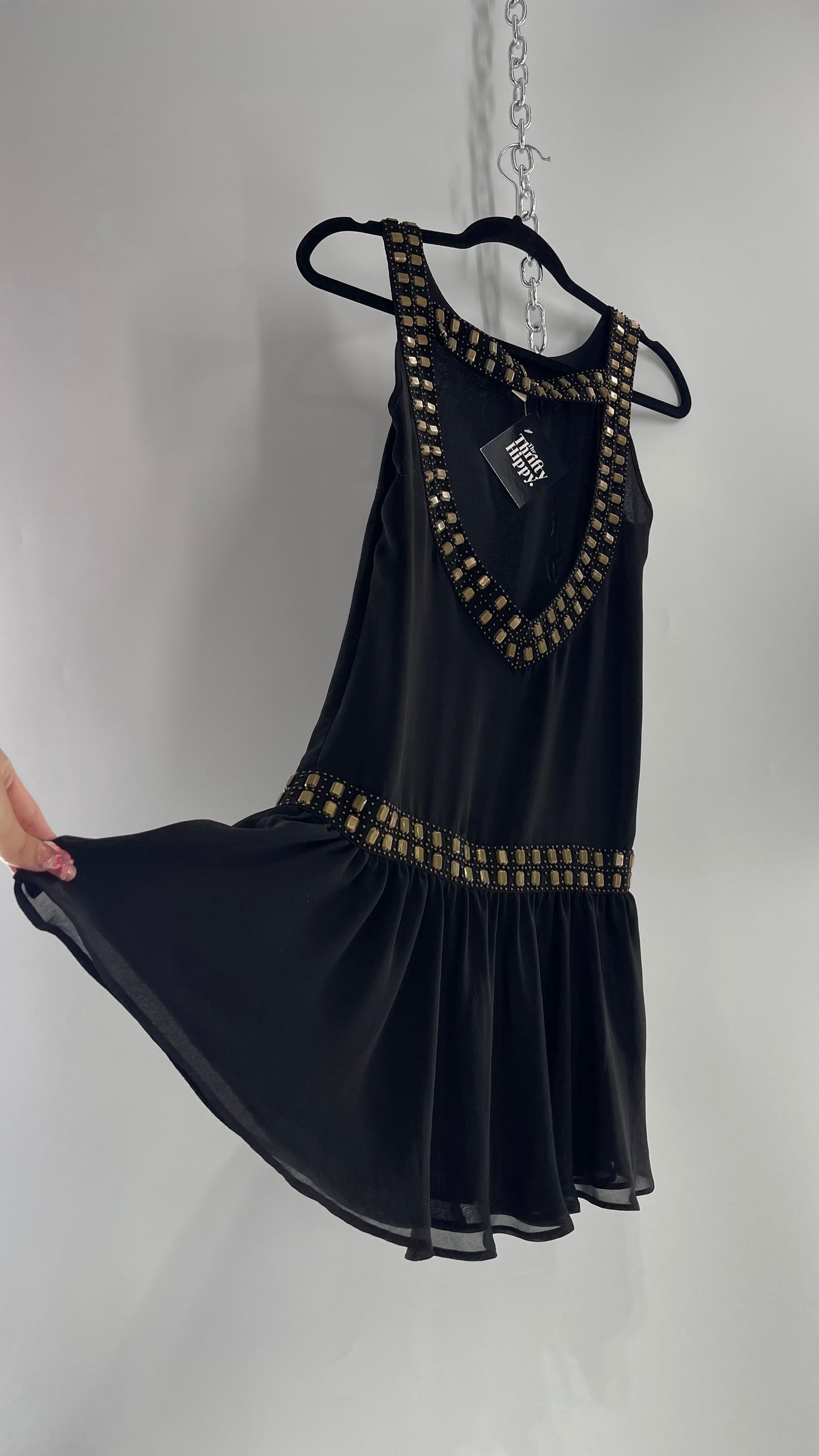 Vintage Forever Black Open Back Dress with Bronze Studs (Small)