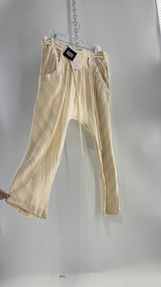 Free People Cream Striped Haram/Drop Crotch/Yoga Rope Belt Pants (XL) with Tags Attached