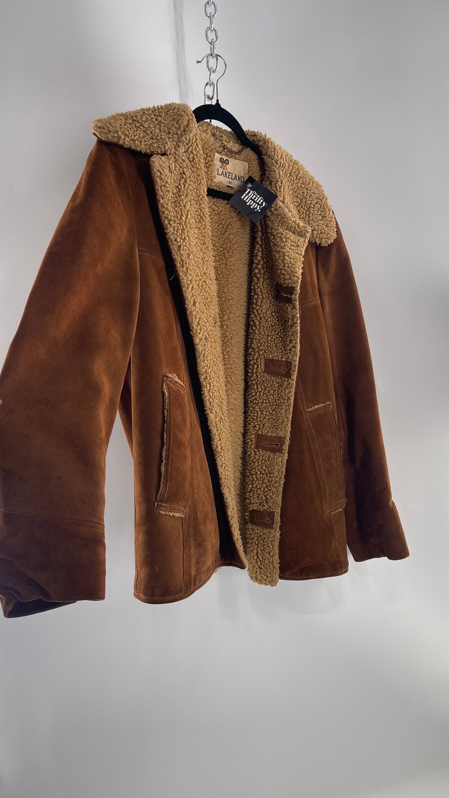 Vintage Heavy Duty Genuine Suede Leather Coat with Teddy Sherpa Lining (C) (Large/42)