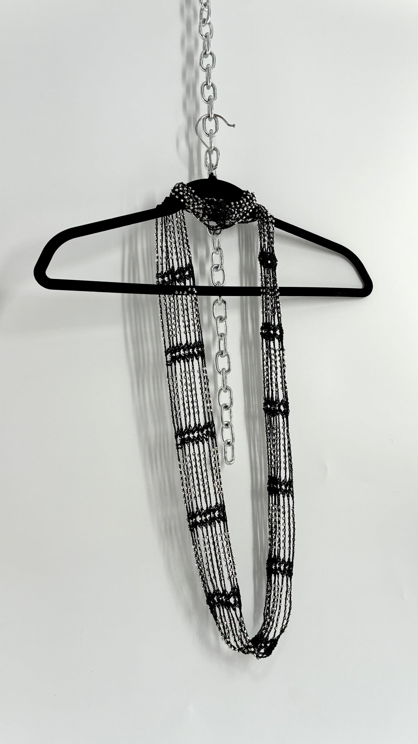 Vintage Black Crochet Infinity Scarf with Silver Pebble Beading