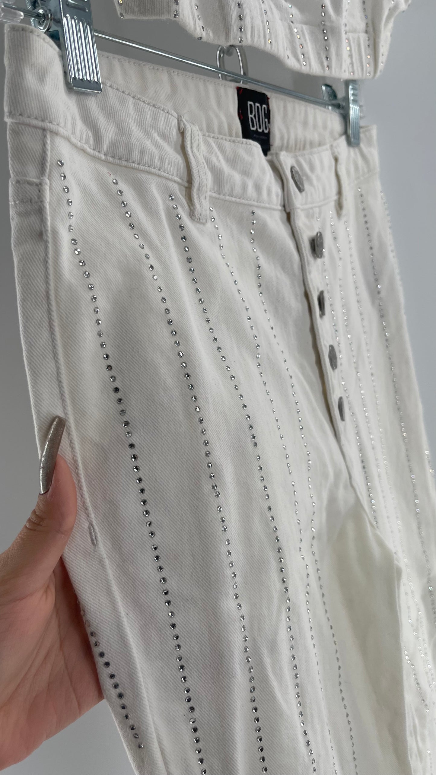 BDG White Jeans (S) With Rhinestones and Sleeveless Cropped White Top With Rhinestones Set (S)