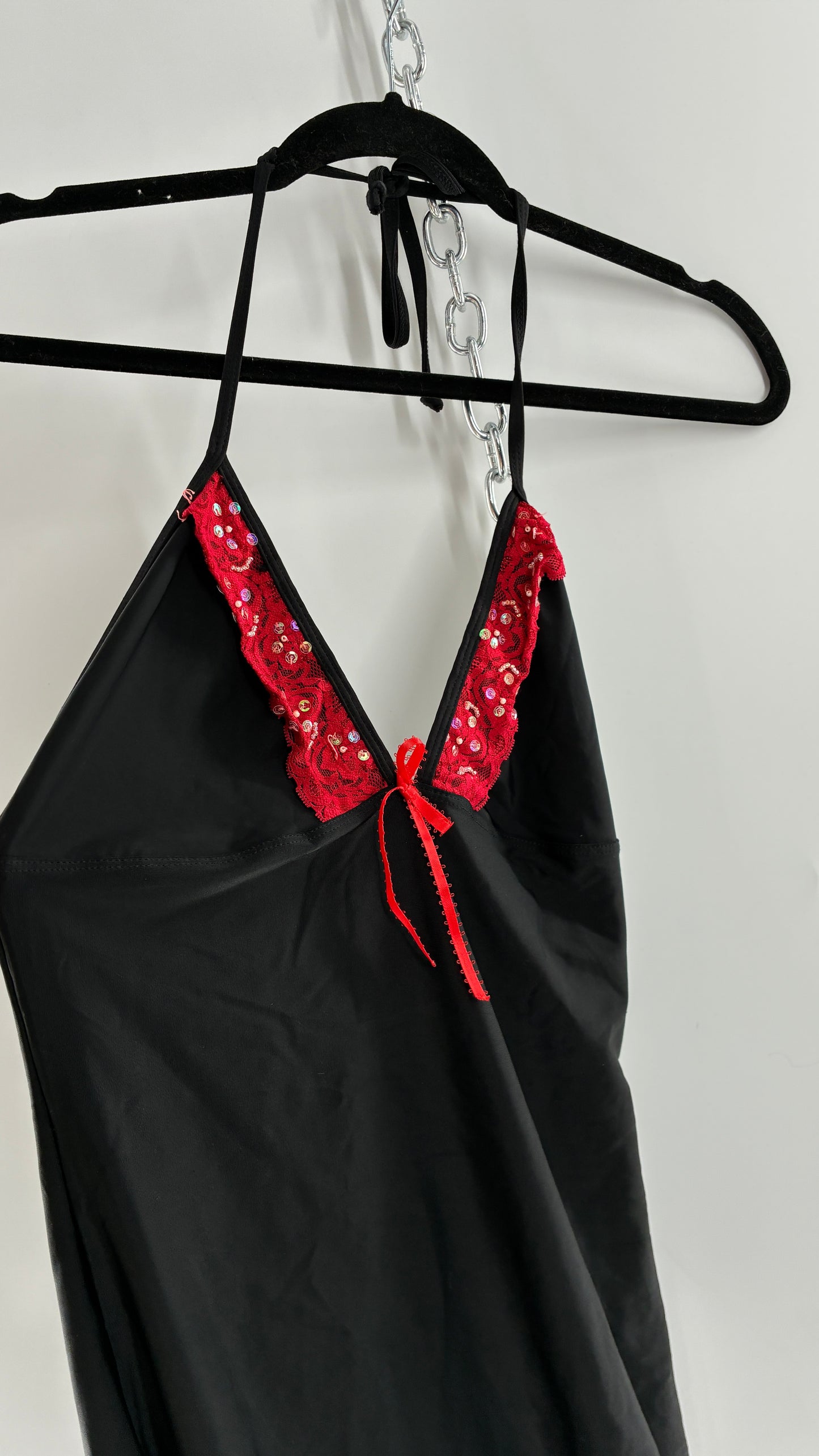Vintage PROMISCUOUS Black Camisole Slip with Red Ruffled Sequin Lace and Scalloped Bum  (XL)