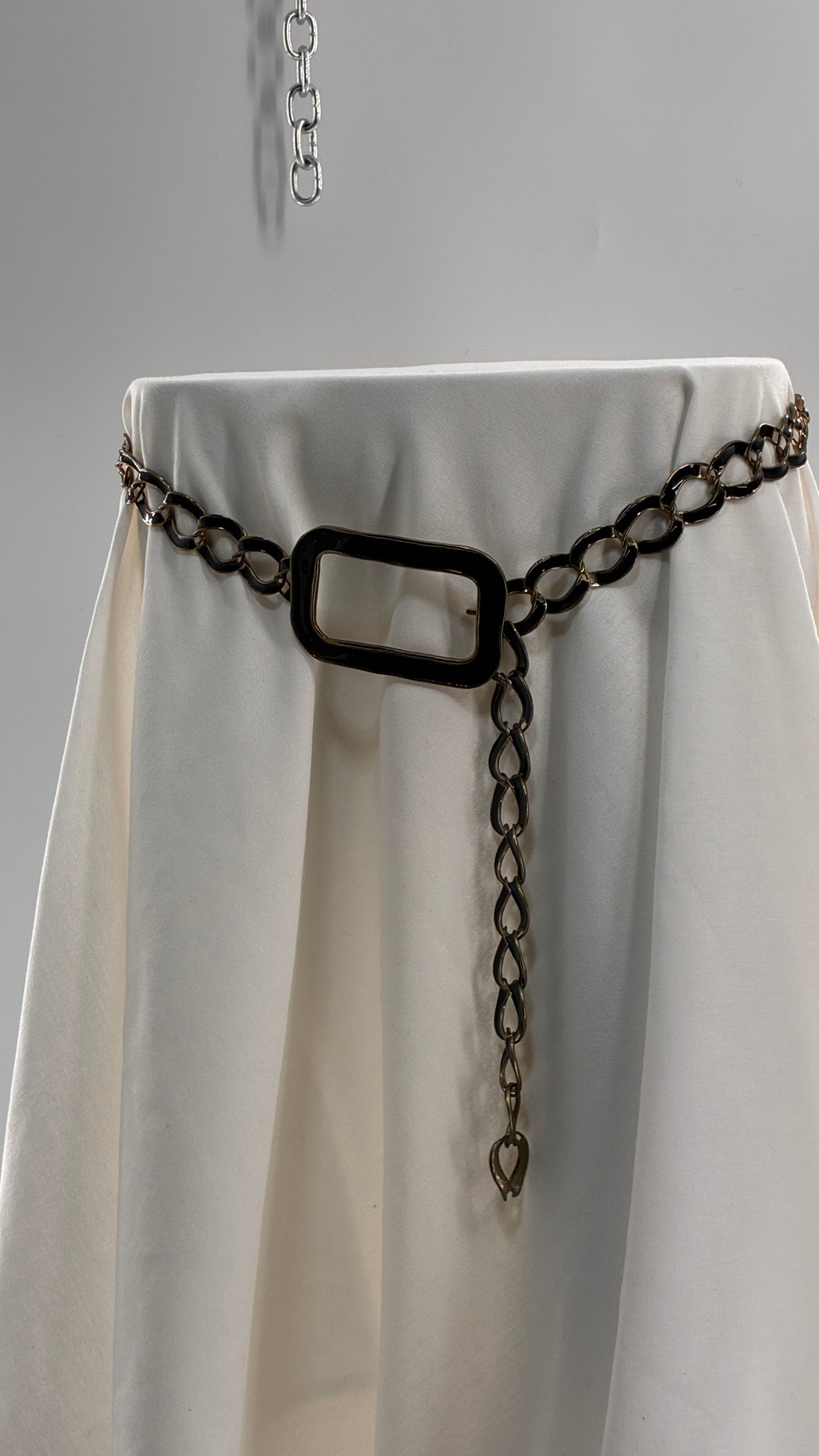 Vintage Gold and Black Chain Belt with Oversized Statement Buckle (One Size)