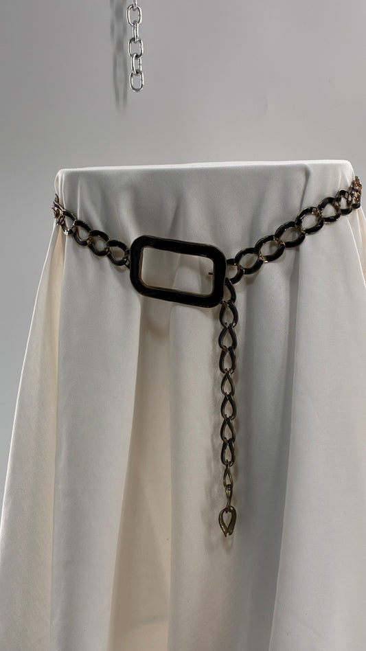 Vintage Gold and Black Chain Belt with Oversized Statement Buckle (One Size)