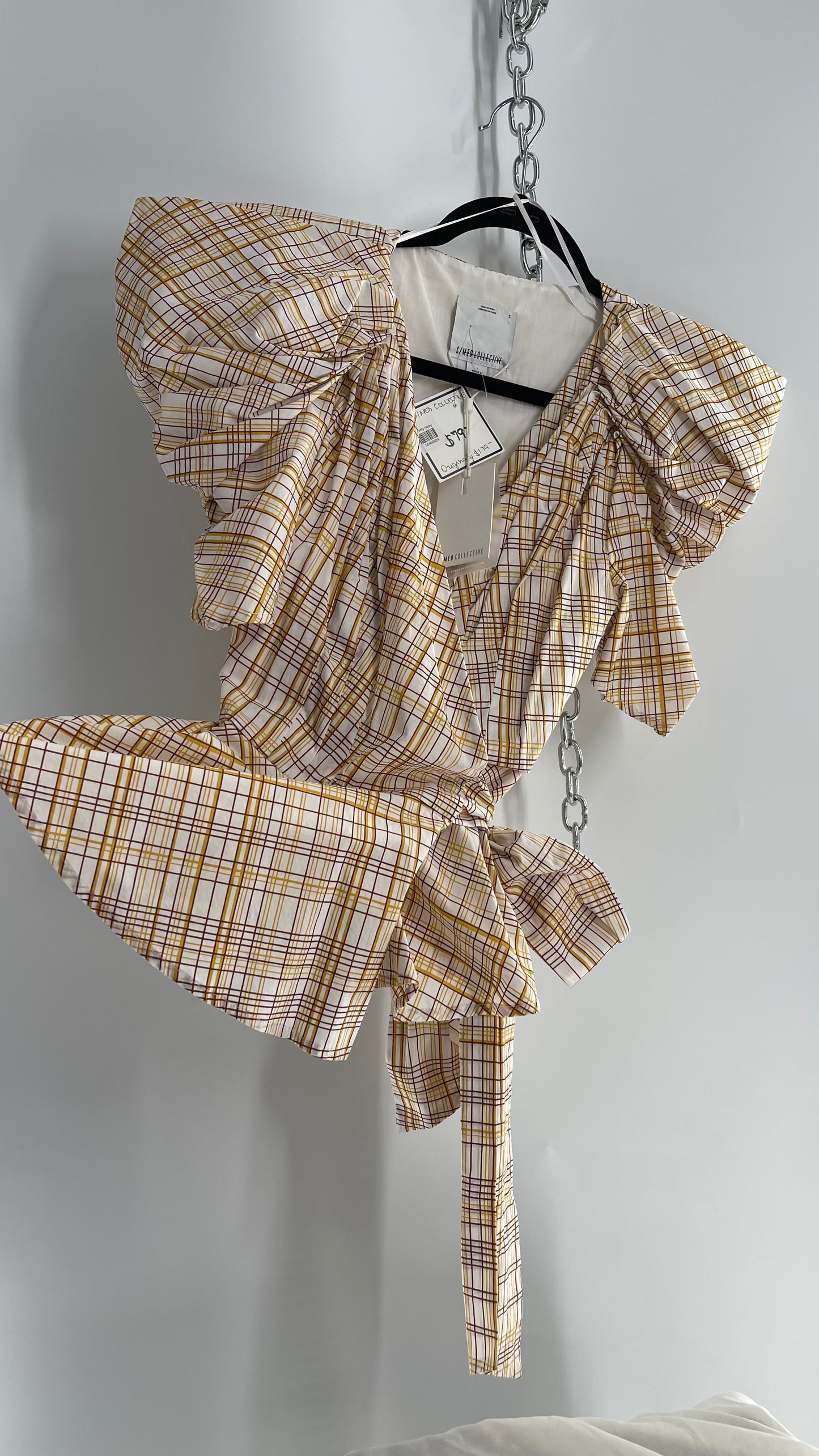 C/MEO Collective Plaid Puff Sleeve Peplum with Tags Attached (S)
