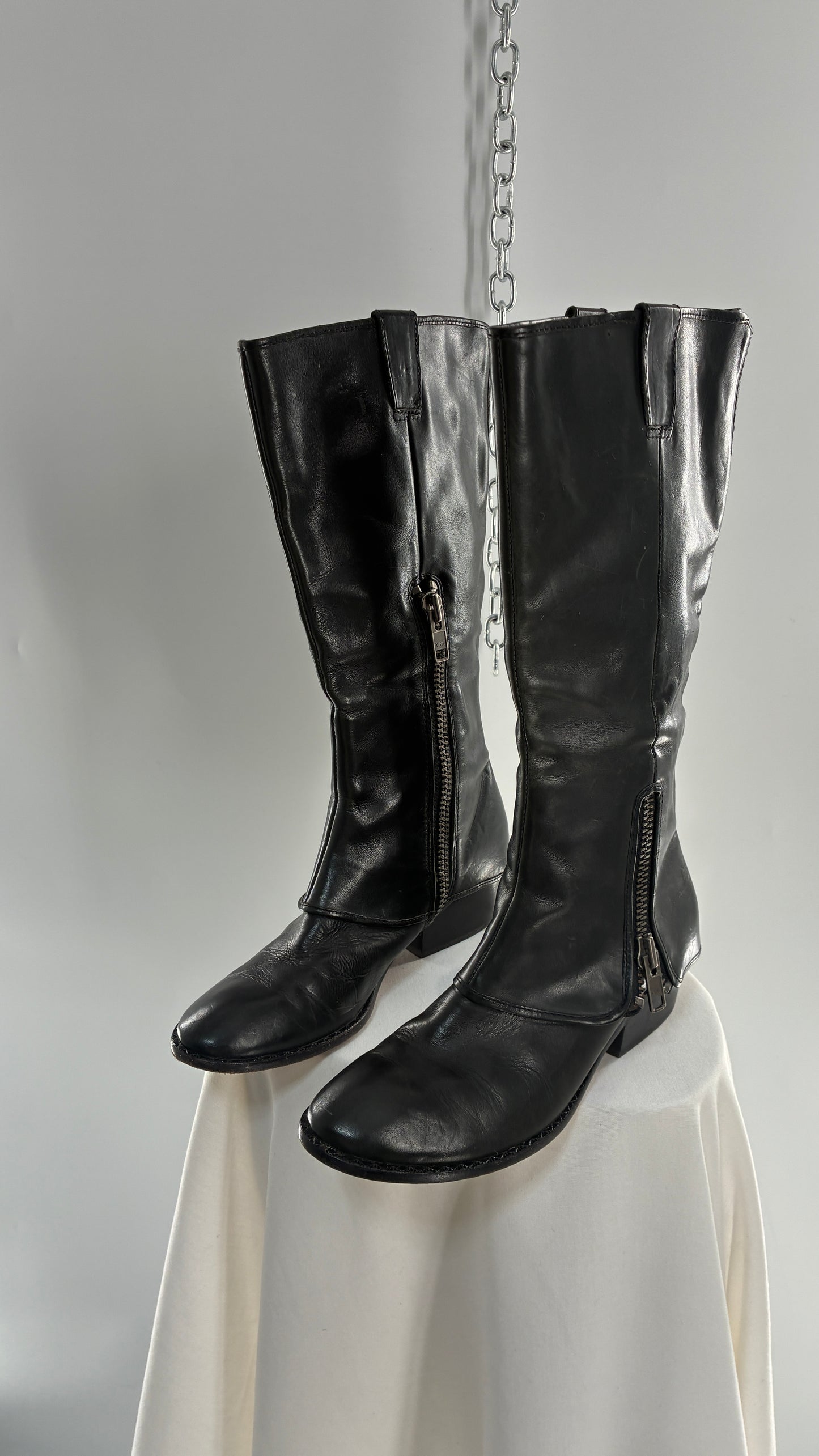 Vintage KORK EASE Black Genuine Leather Fold Over Boots with Heavy Metal Detailing (9/40.5)