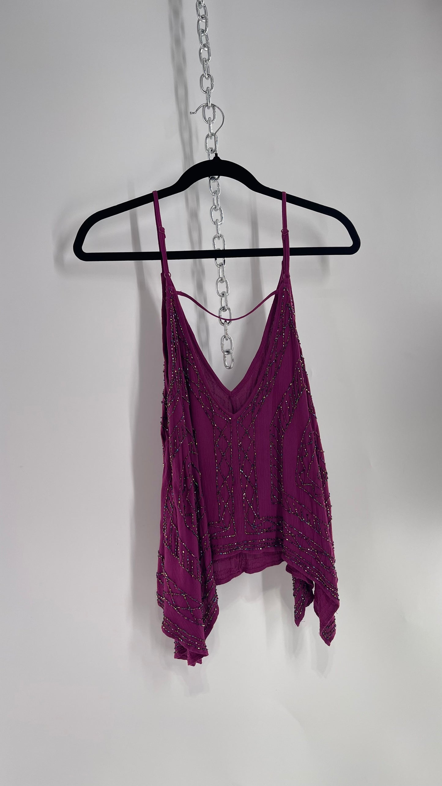 Free People Purple Beaded Handkerchief Hem Tank (Small)