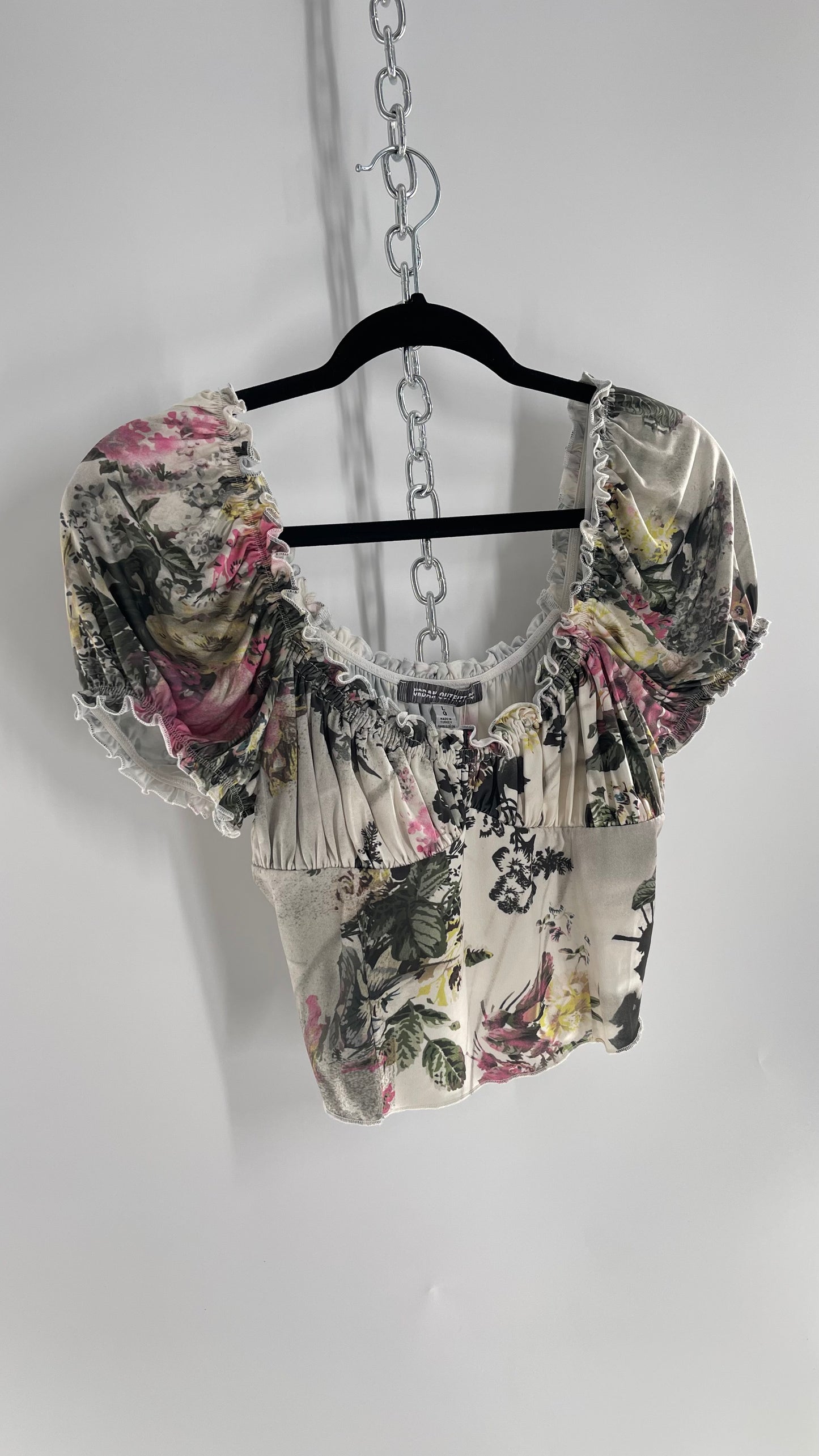 Urban Outfitters Slinky Vintage Inspired Graphic Florals and Milkmaid Style Top (Large)