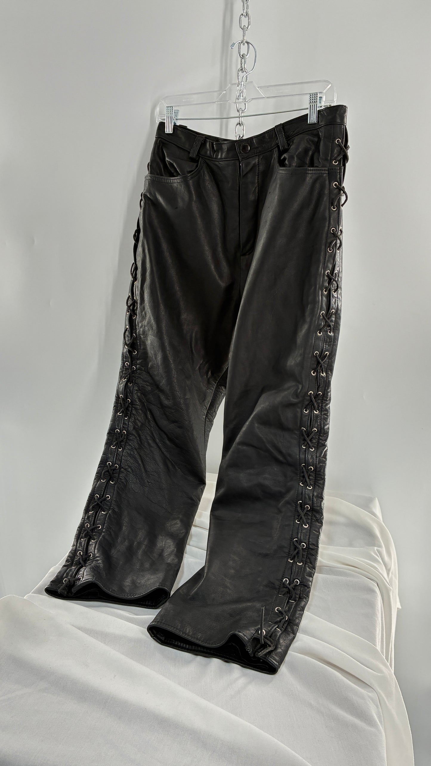 Vintage Thick Ultra Soft Black Leather Pants with Tie Up Sides (Medium)
