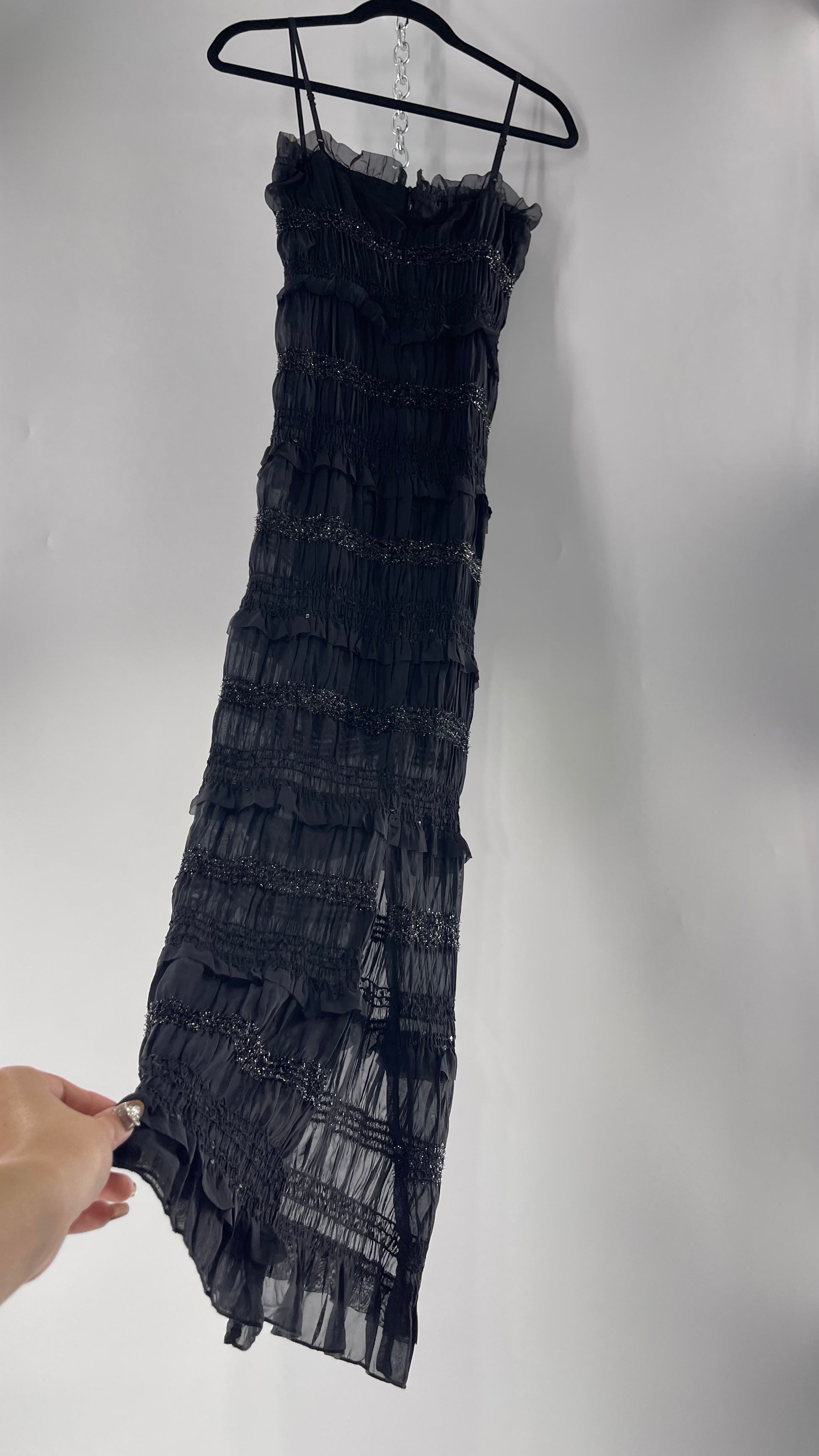 The Commense Black Sheer Crimped Midi Dress with Stripes of Tinsel and The Thrifty Hippy The Commense Black Sheer Crimped Midi Dress with Stripes of Tinsel and The Thrifty Hippy