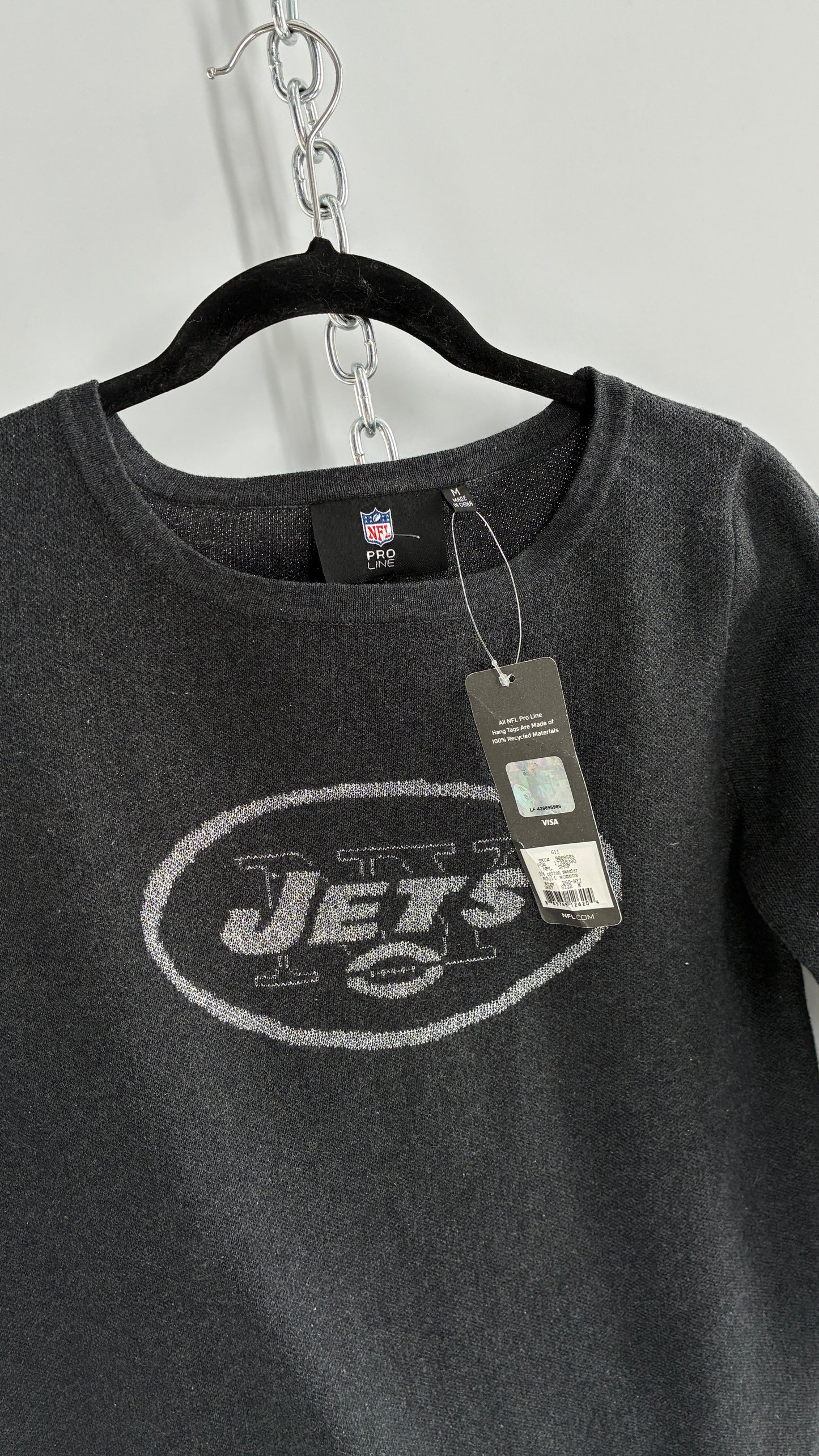Deadstock Vintage 1990s New York JETS Grey Silver Tinsel NFL Knit Crewneck (Medium)