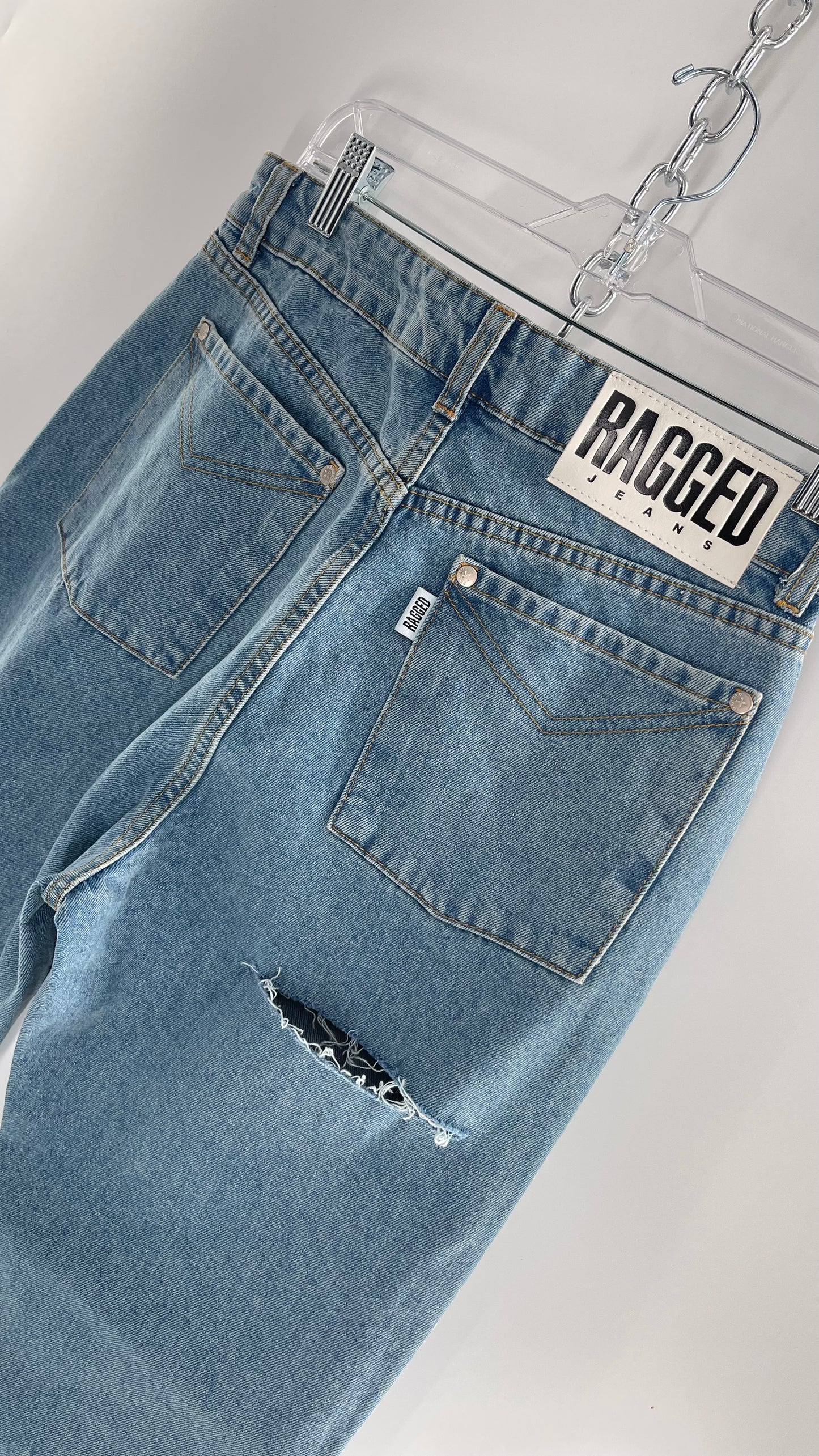 RAGGED PRIEST Free People Light Wash High Waisted Mom Jeans with Bum Tear with Tags Attached (30)