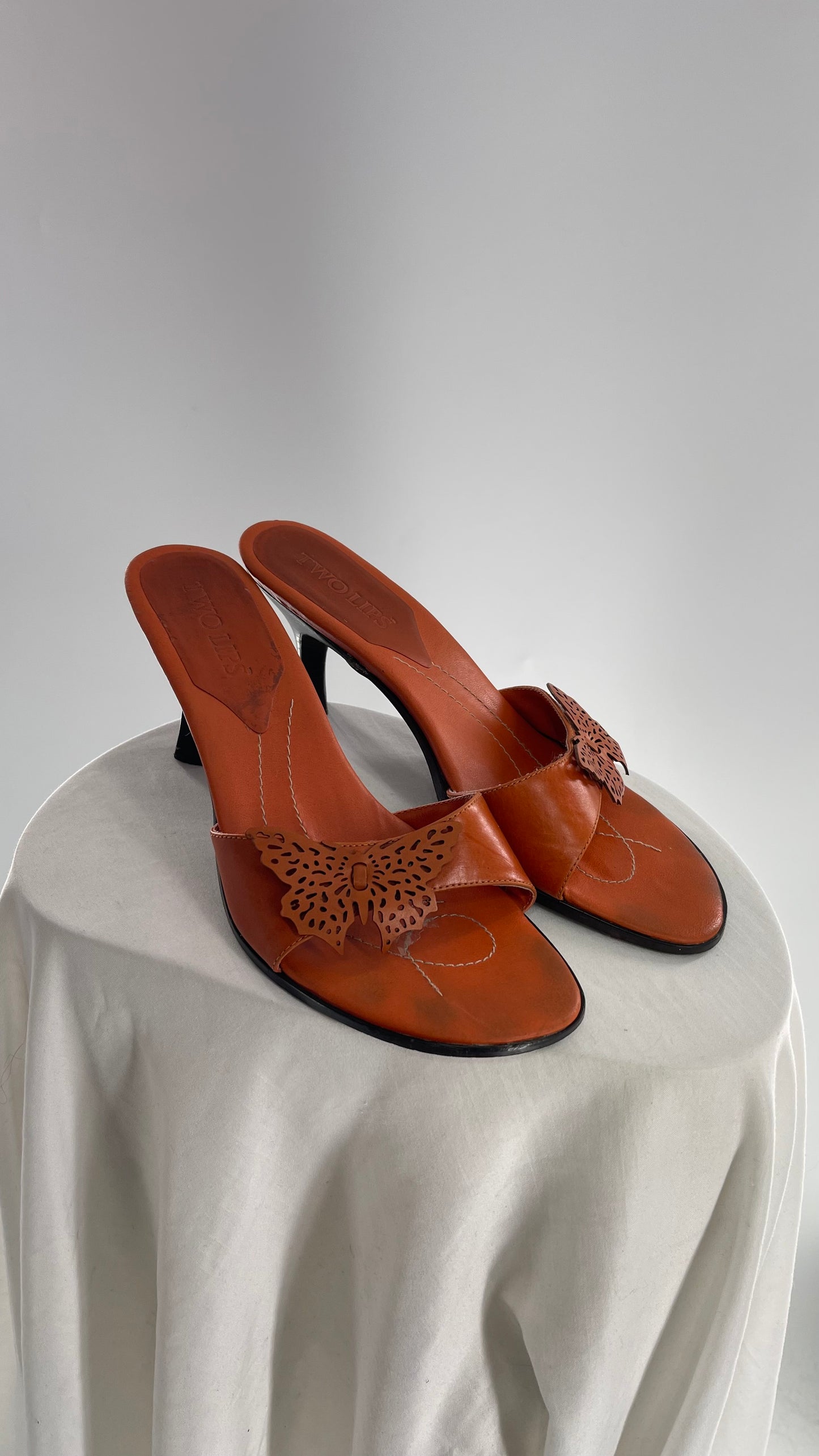 Vintage Two Lips Orange Leather Heels with Butterfly Appliqué (9.5)