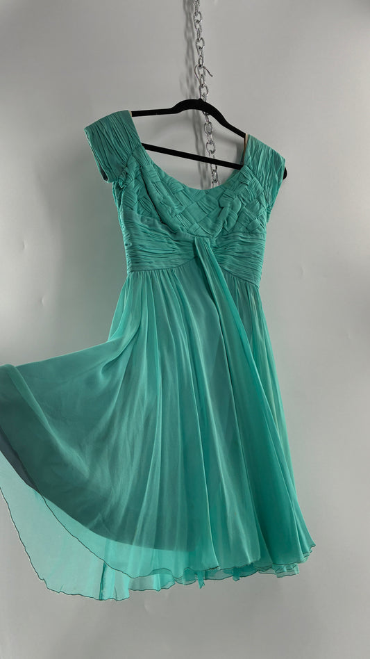 Vintage Teal Handmade Mini Dress with Pleated Basket Woven Bust (XS)