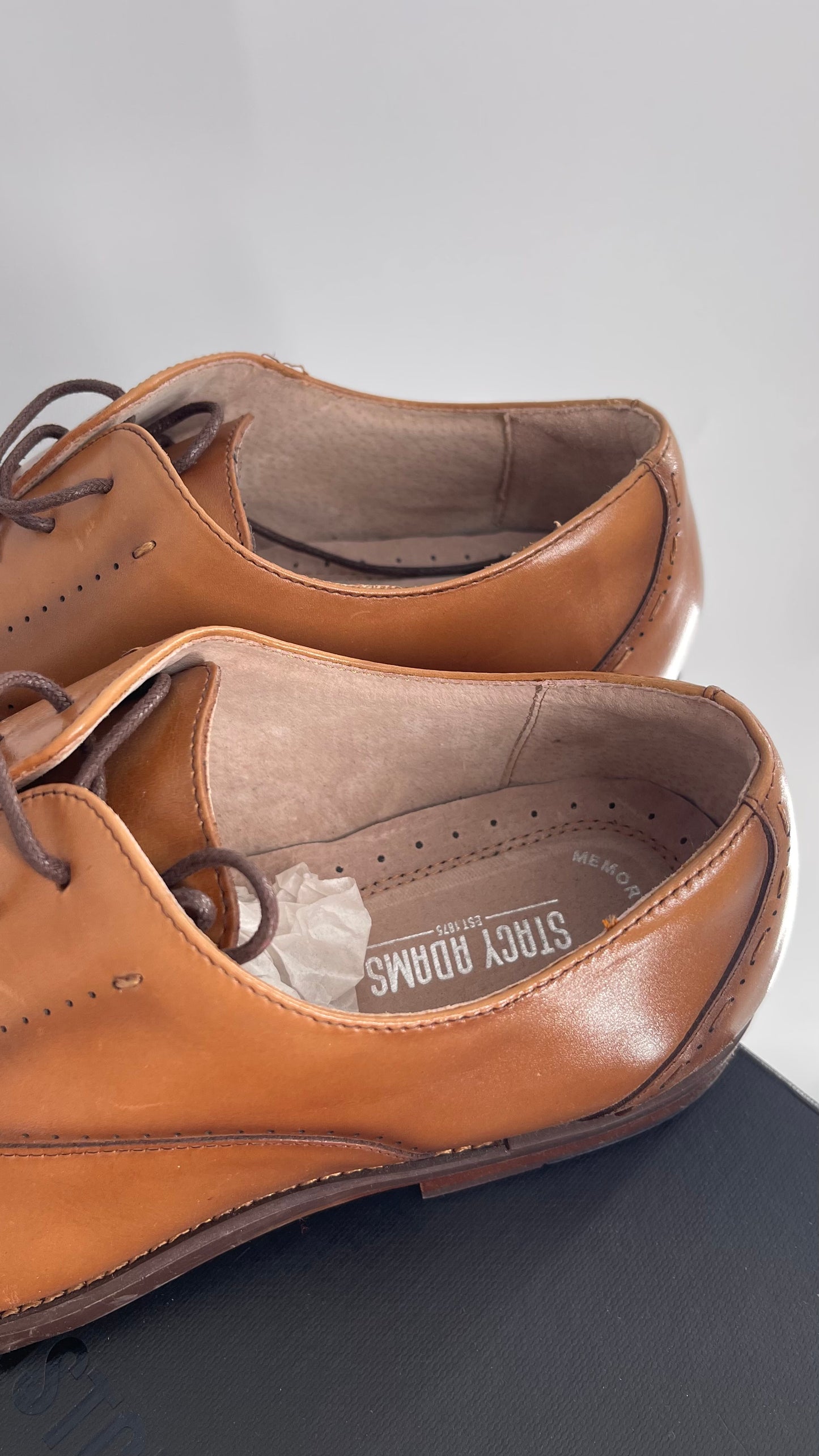 STACY ADAMS Cognac Camel Brown Leather Captoe Oxfords (12)