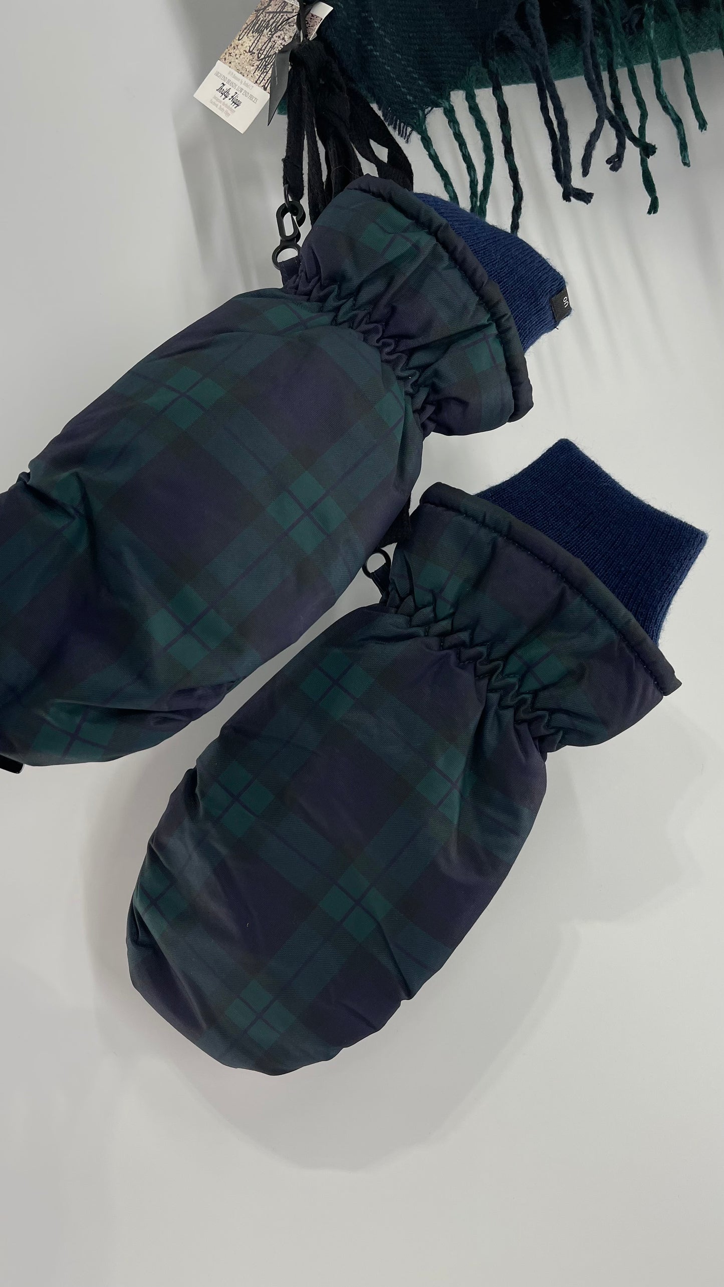 Urban Outfitters Plaid Navy Green Scarf and Matching Glove Set