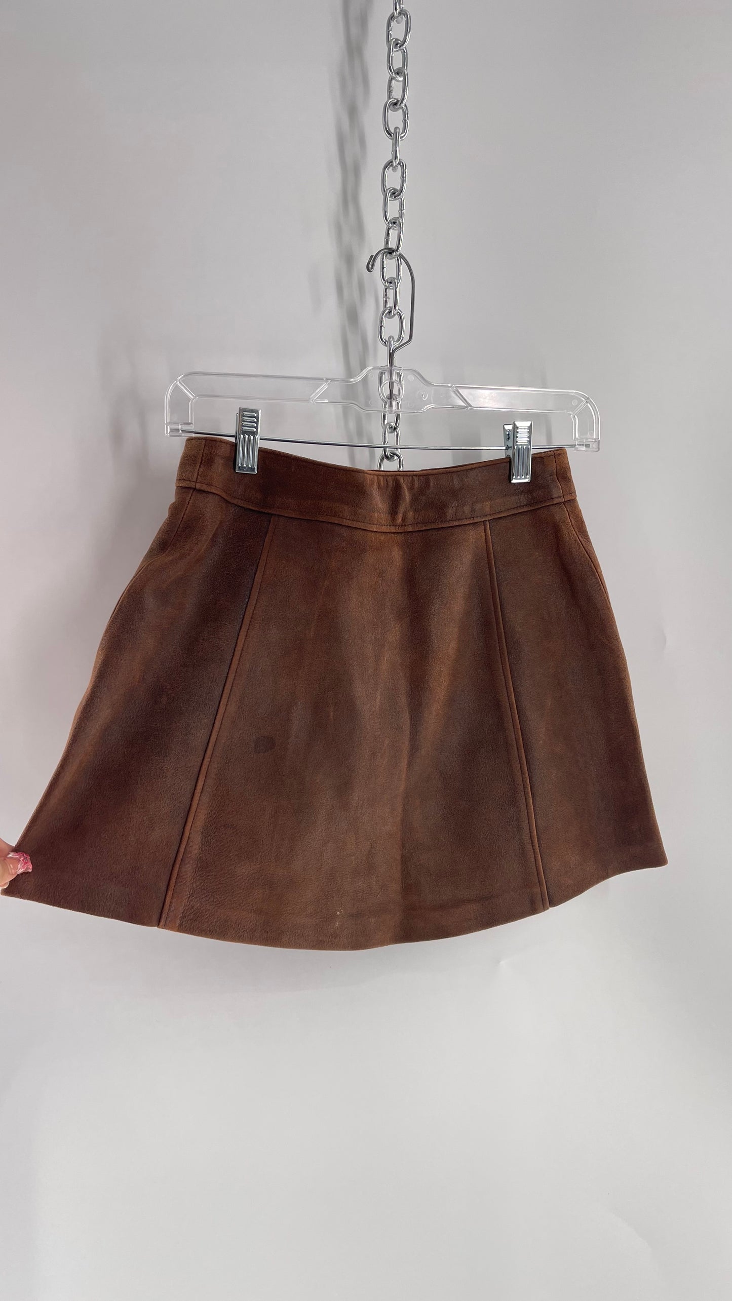 Vintage 1970s Brown Leather Button Front Mini Skirt (XS)