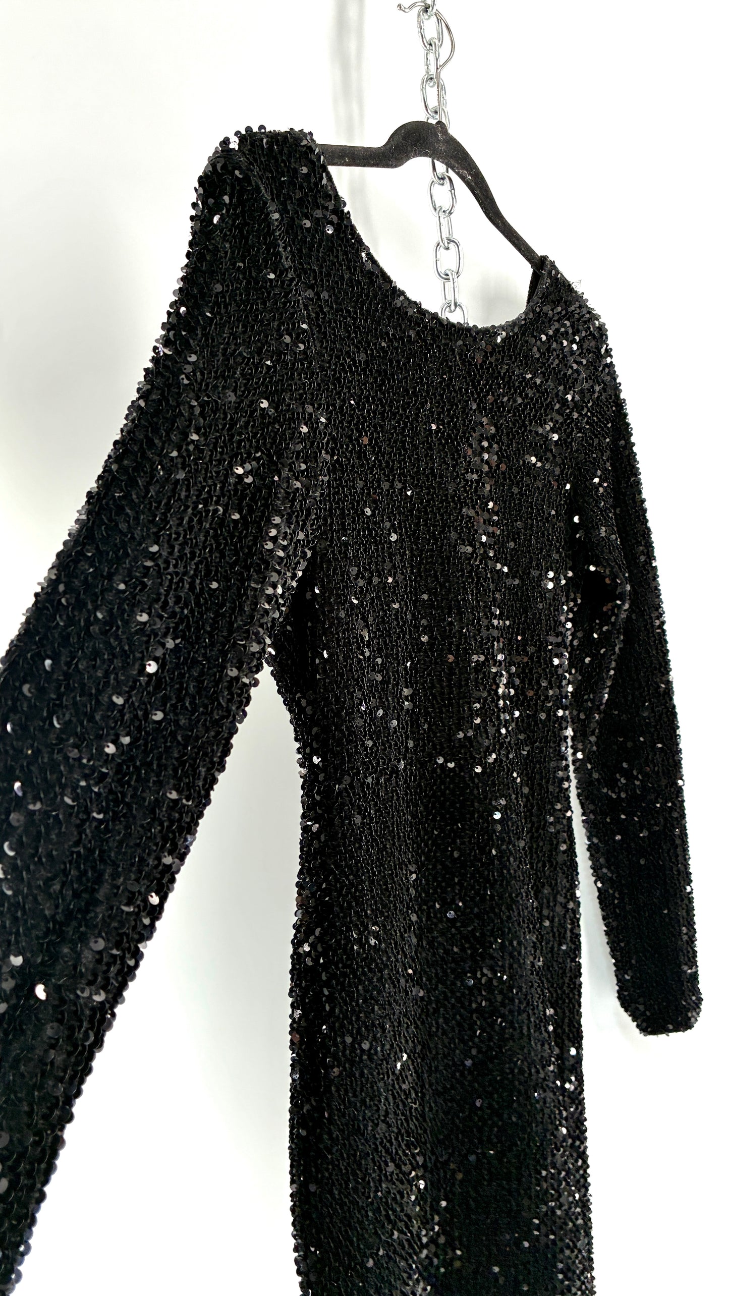 MOTEL Black Thick Velour and Sequin Long Sleeve Bodycon Mini Dress (Medium)