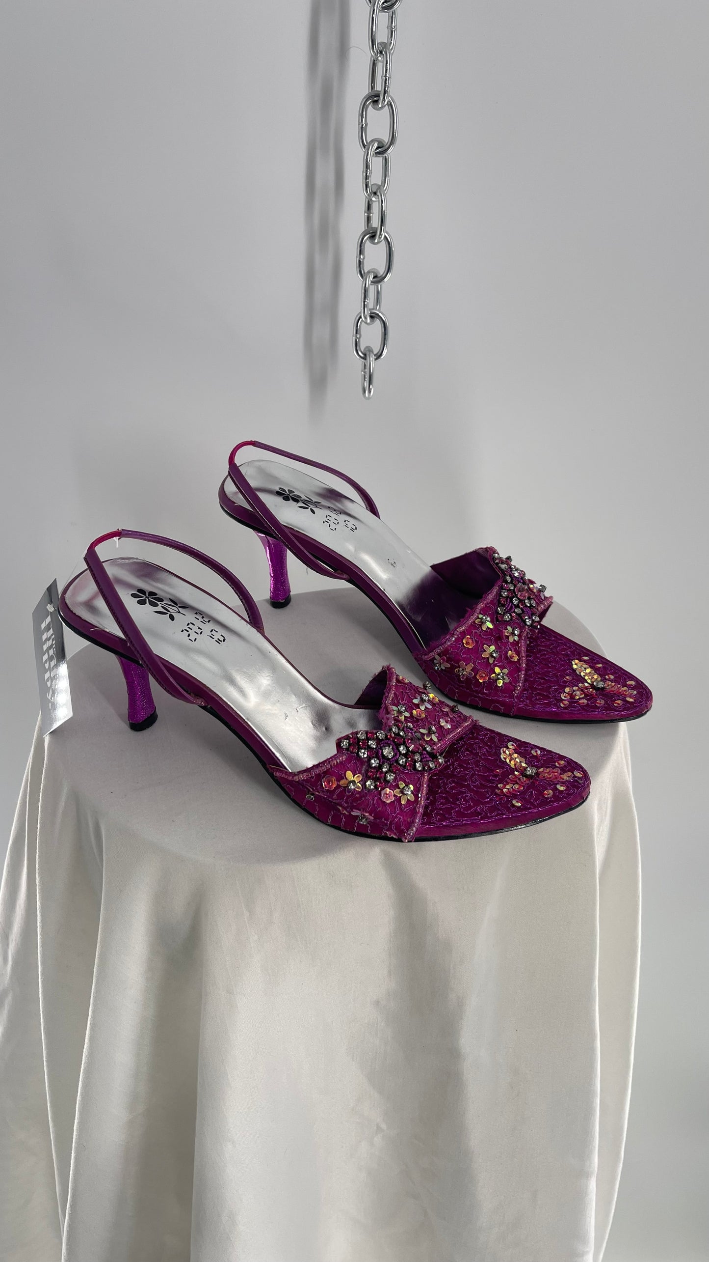 Vintage 20:12:10 Fuchsia Beaded Satin Pointed Toe Slingback Heels (7.5)