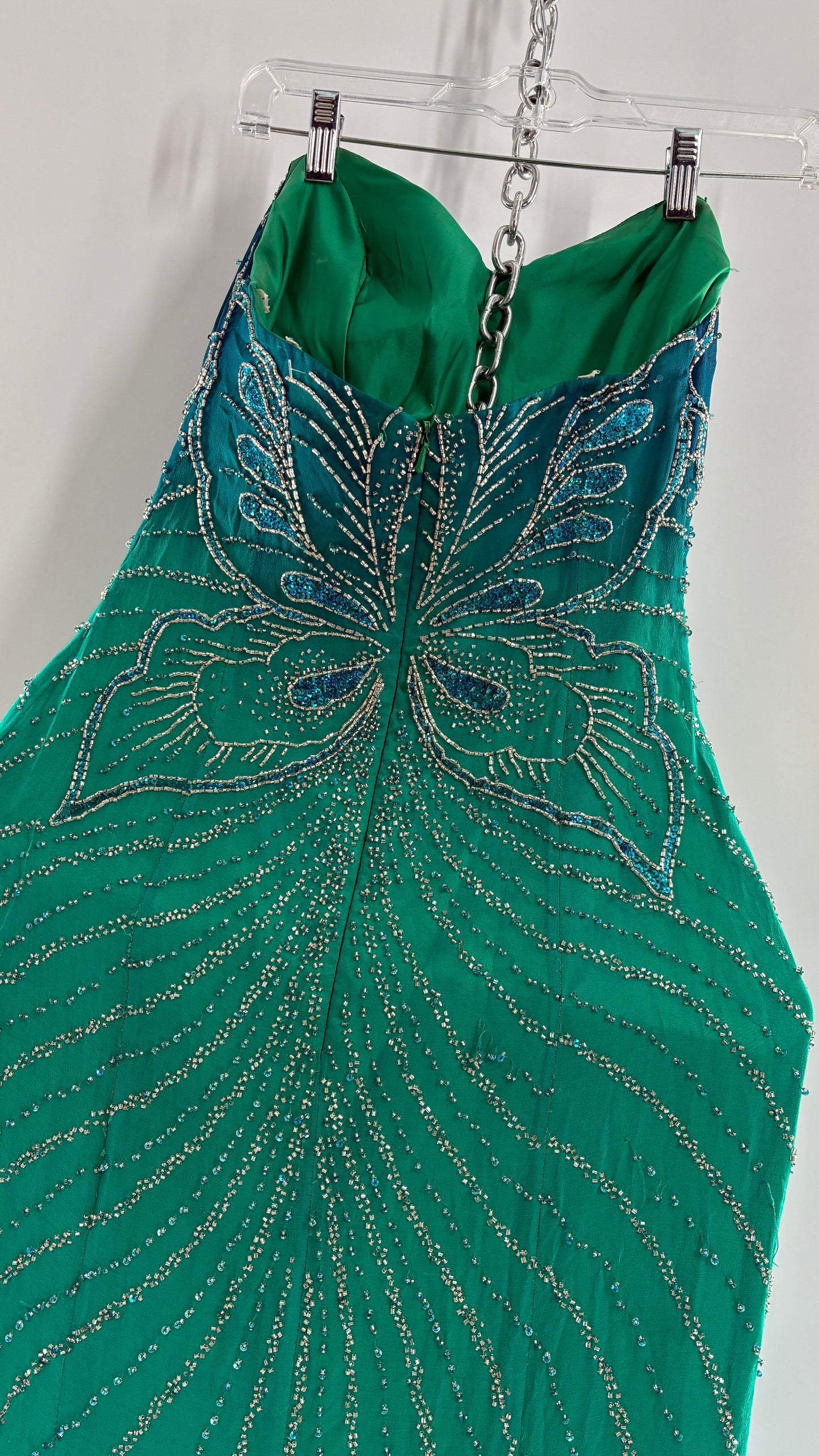 Vintage 1990s STUDIO17 100% Fully Beaded Silk Aquamarine Butterfly Dress (8)