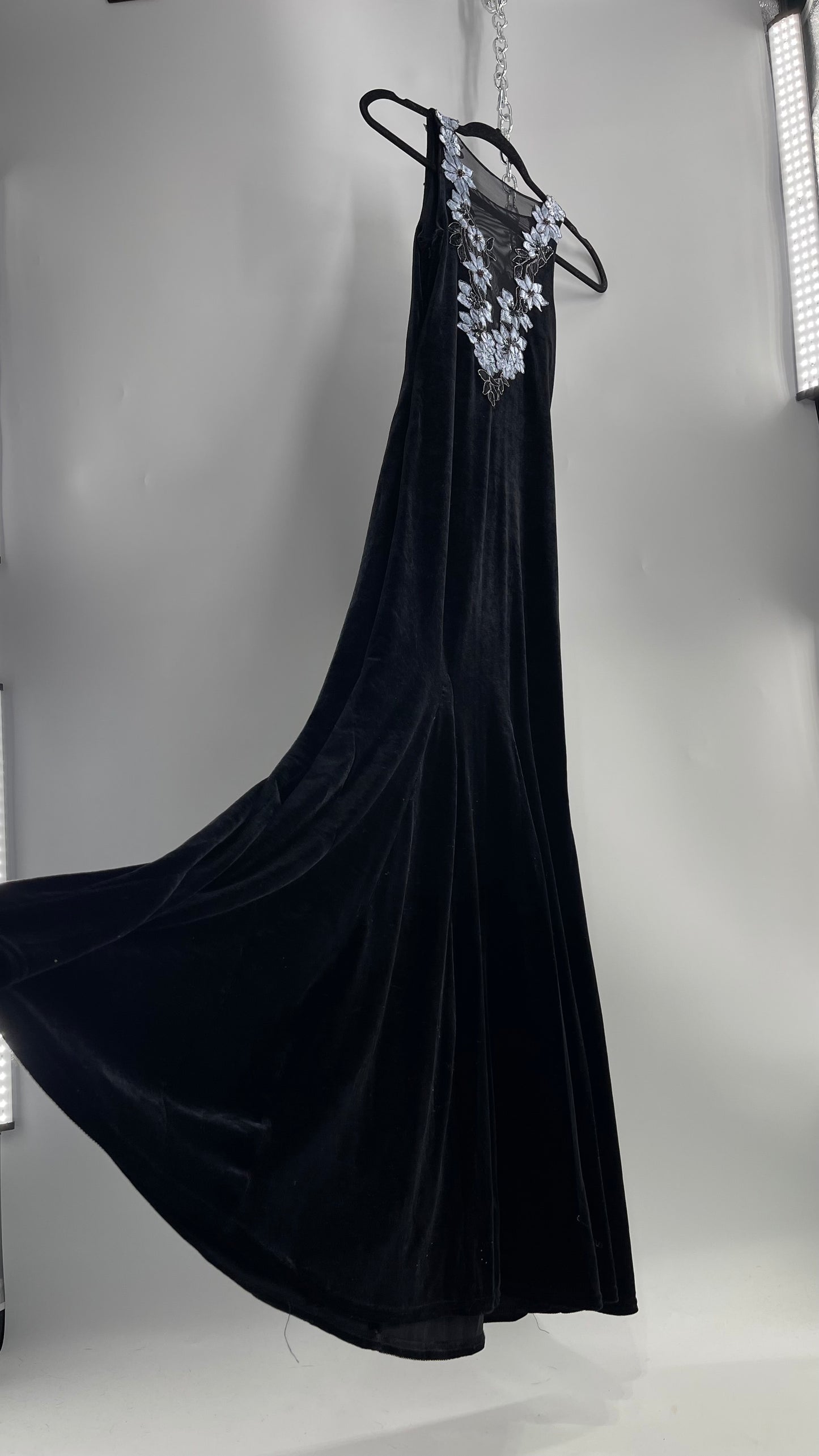 Vintage Jessica McClintock Black Velvet Fit And Flare Gown with Plunging Neckline Covered in Embroidered Beaded Pale Blue Flowers (2)