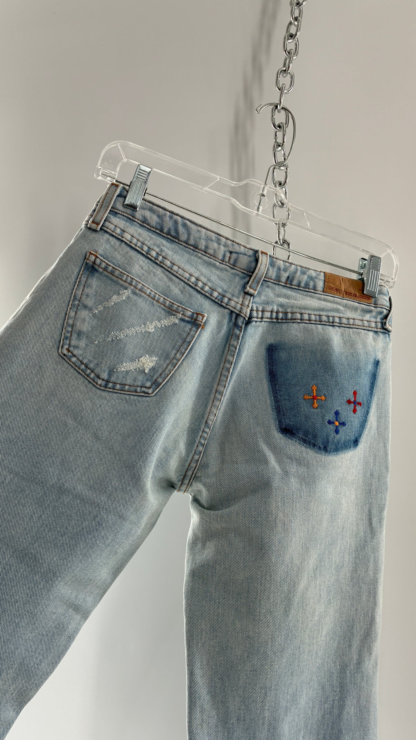 Vintage SAWARY Light Wash Brazilian Jeans with Fade and Embroidered Details (38)