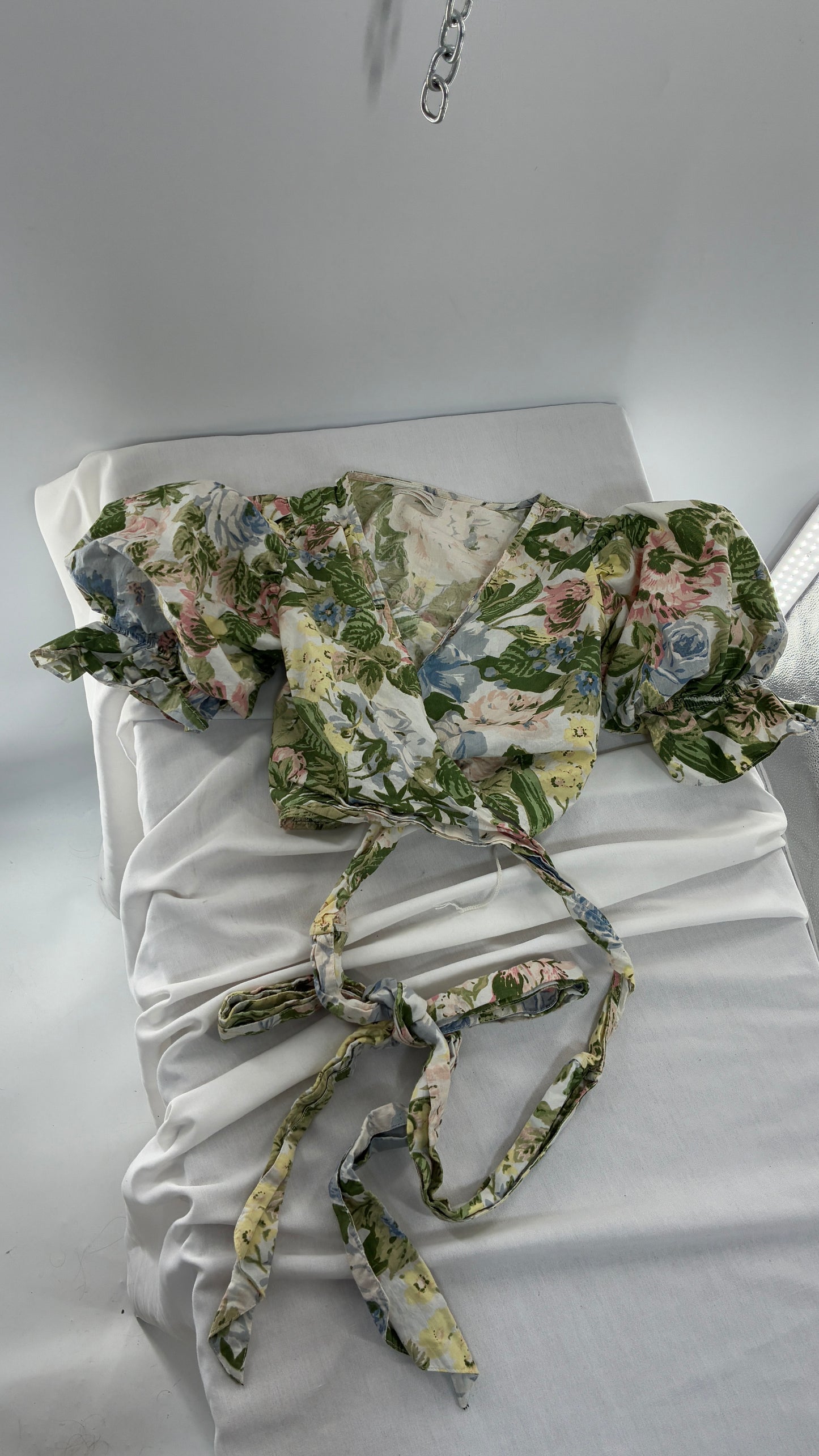 Urban Outfitters Pastel Florals Tie Around Crop with Exaggerated Puff Sleeves  (Medium)