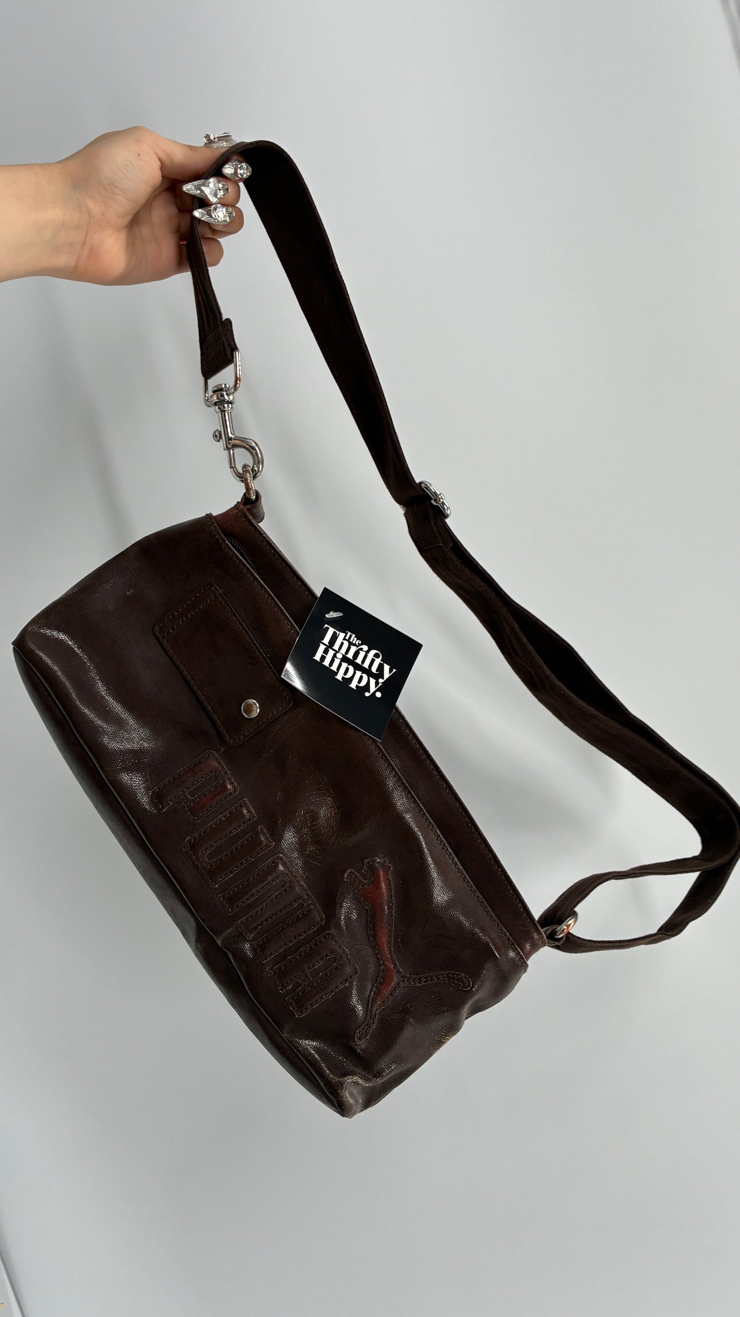 RARE Distressed Vintage PUMA Shoulder Purse, Brown W/ Iconic Logo
