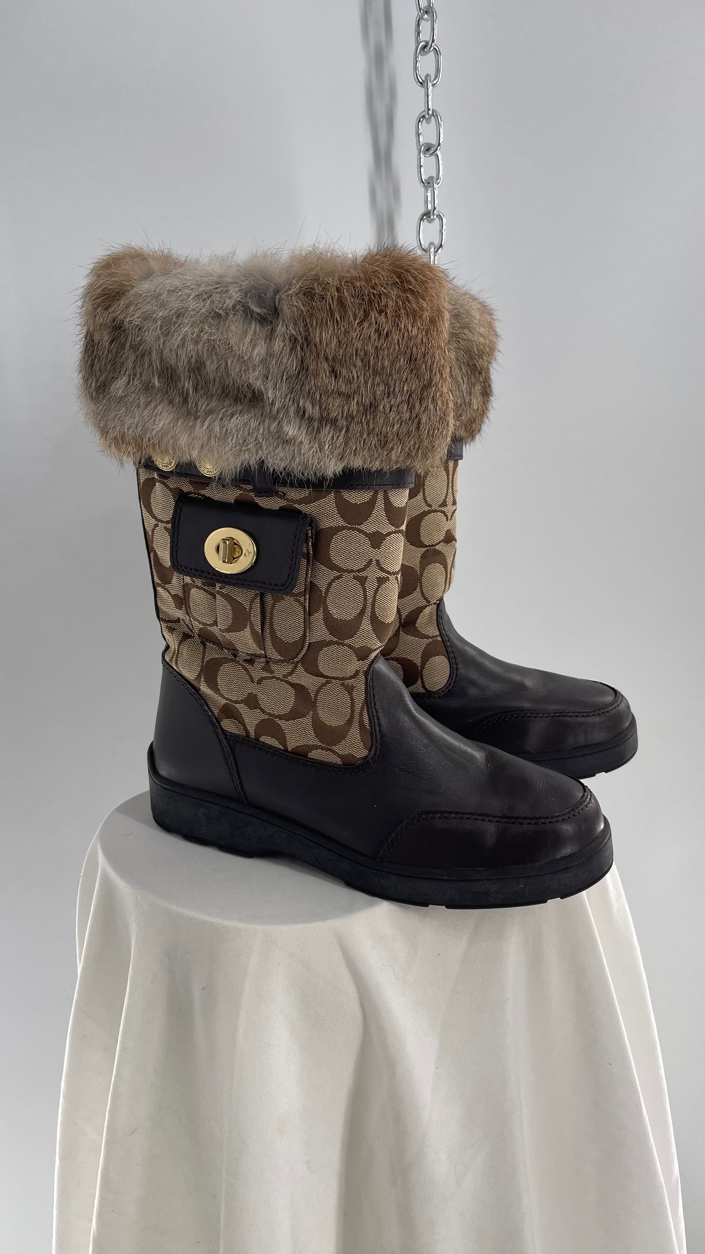 Coach Vintage Kimberly Brown Leather Quilted Monogram Rabbit Fur Trim Boot with Ankle Pouches  (8.5)