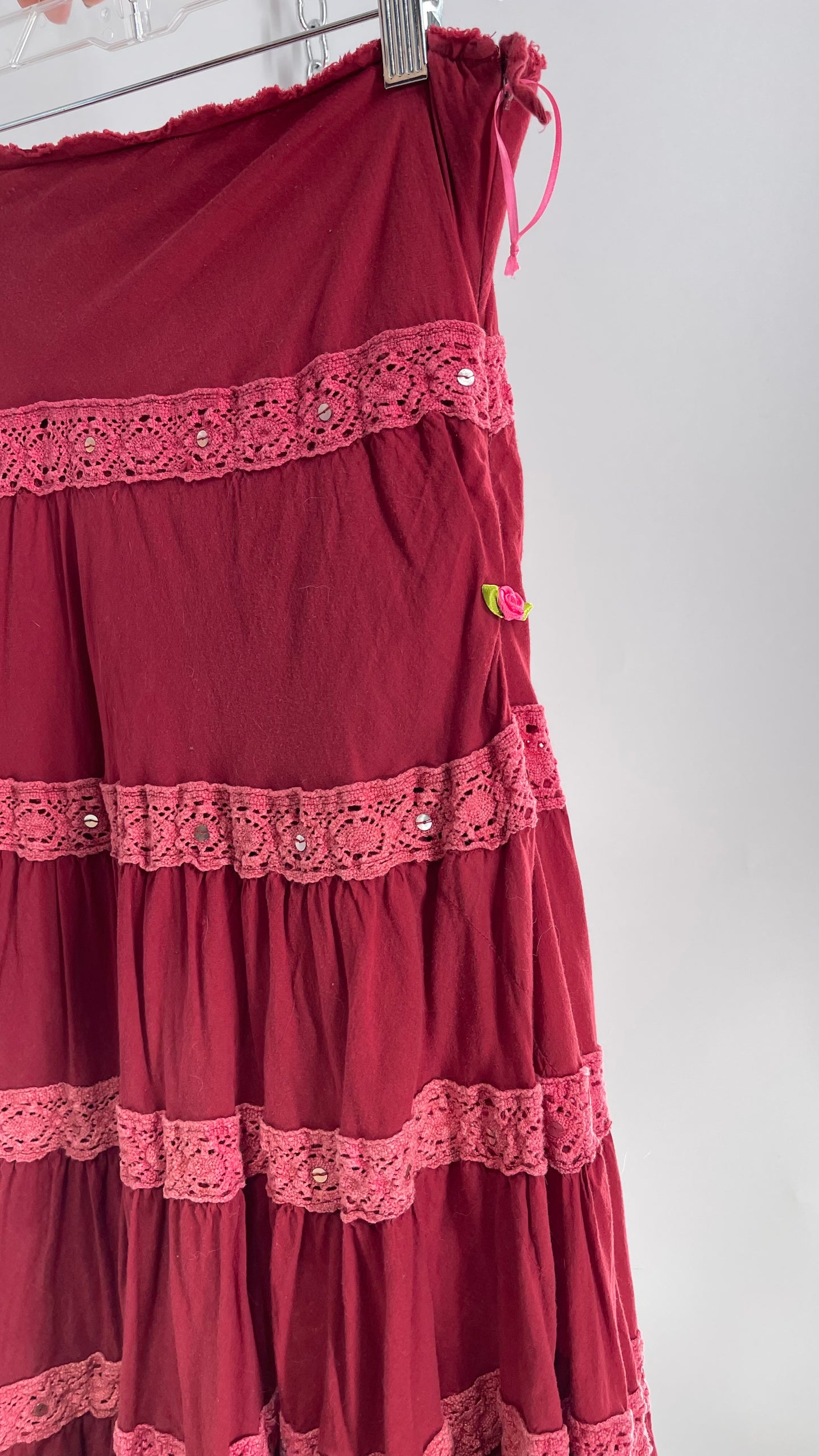 Vintage Chaudry Red/Pink Tiered Voluminous Maxi Skirt (Medium)