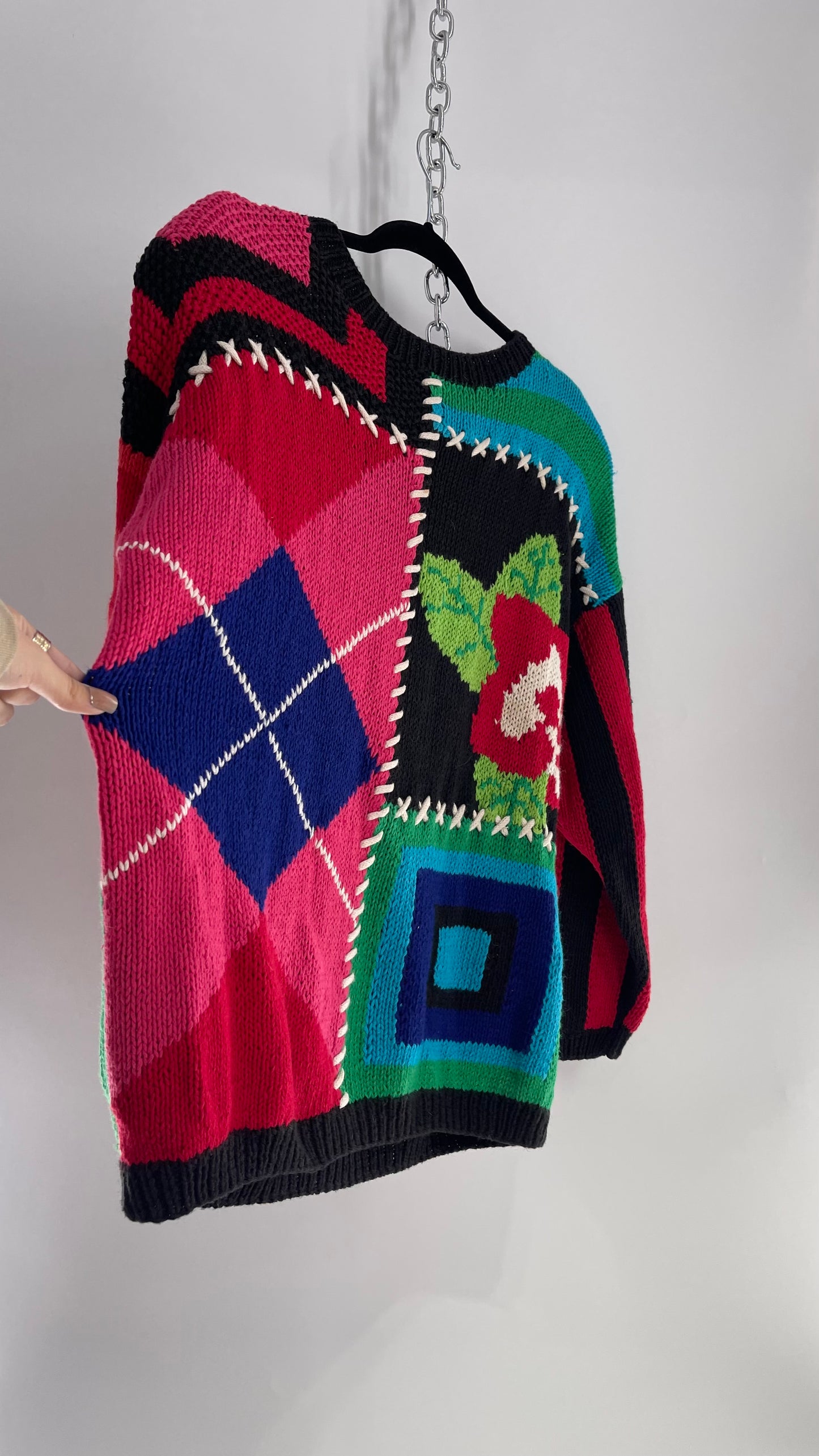 Vintage Daniel Caron Abstract 55% Ramie Argyle Stripes Sweater (Small)