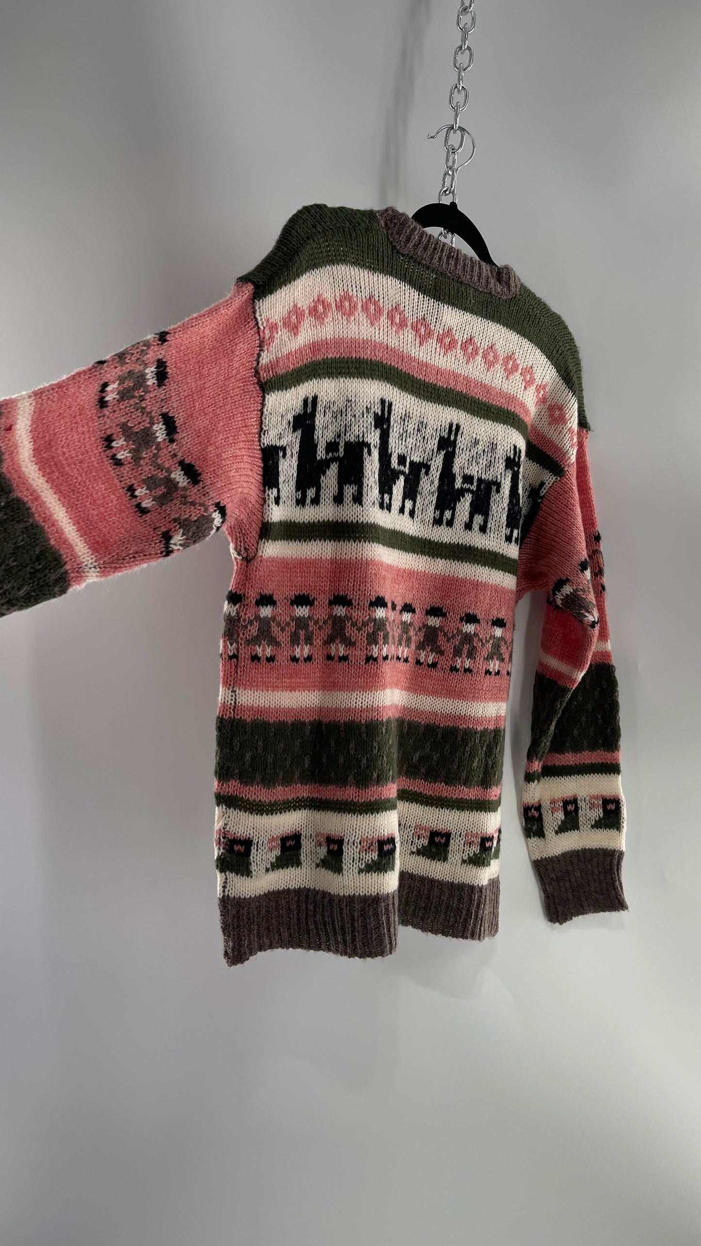 Cooke Collective Knit Llama/Alpaca Graphic Sweater with Army Green, Pink and White Colorway (Medium)