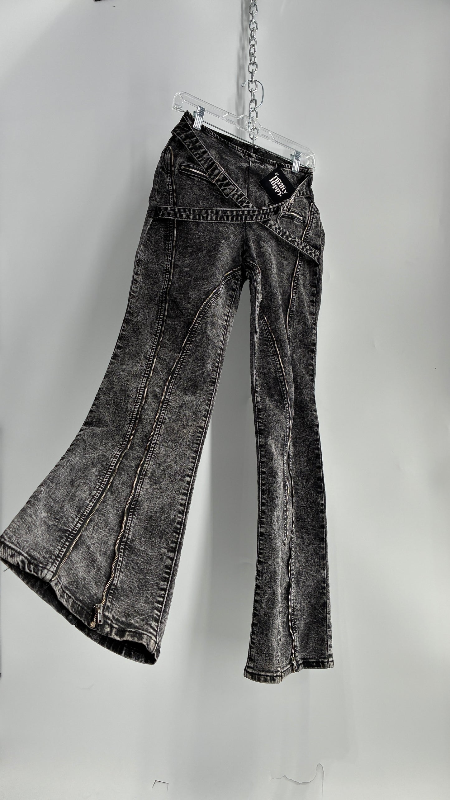Fashion Nova Grey Acid Washed Kickflare Jeans with Hip Buckle Belts and Functional Zip Up Leg Detail (3)