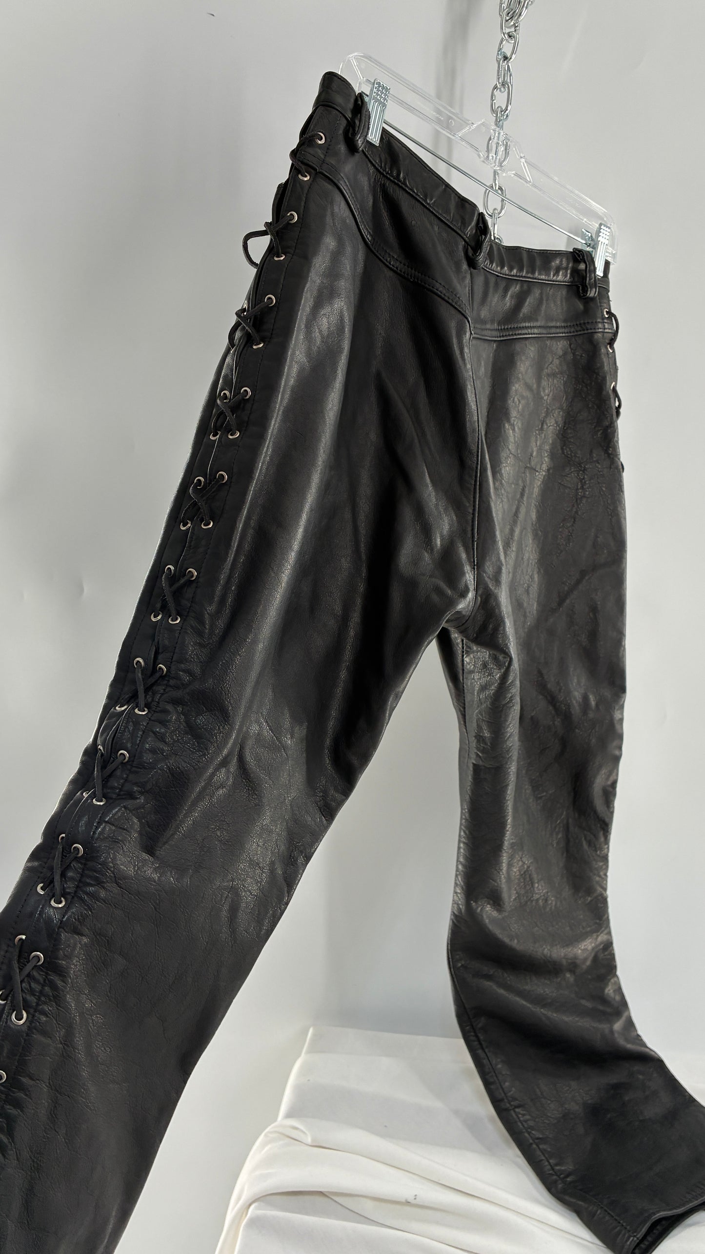 Vintage Thick Ultra Soft Black Leather Pants with Tie Up Sides (Medium)