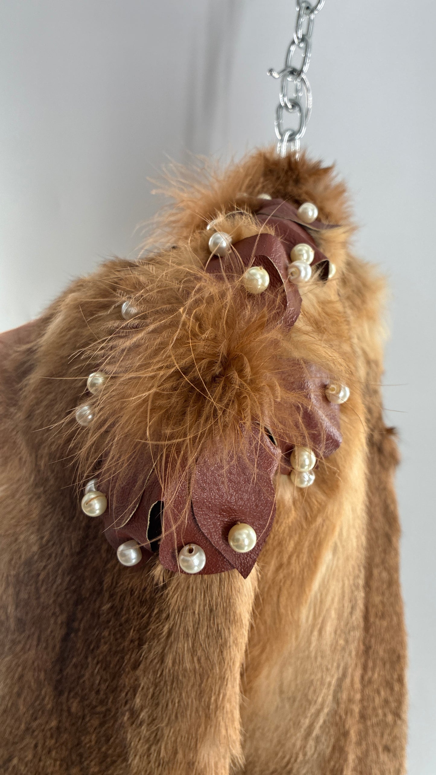Vintage OPERA Montreal New York Genuine Fur Coat with Pearl Embellished Leather Flower Appliqués (Medium)