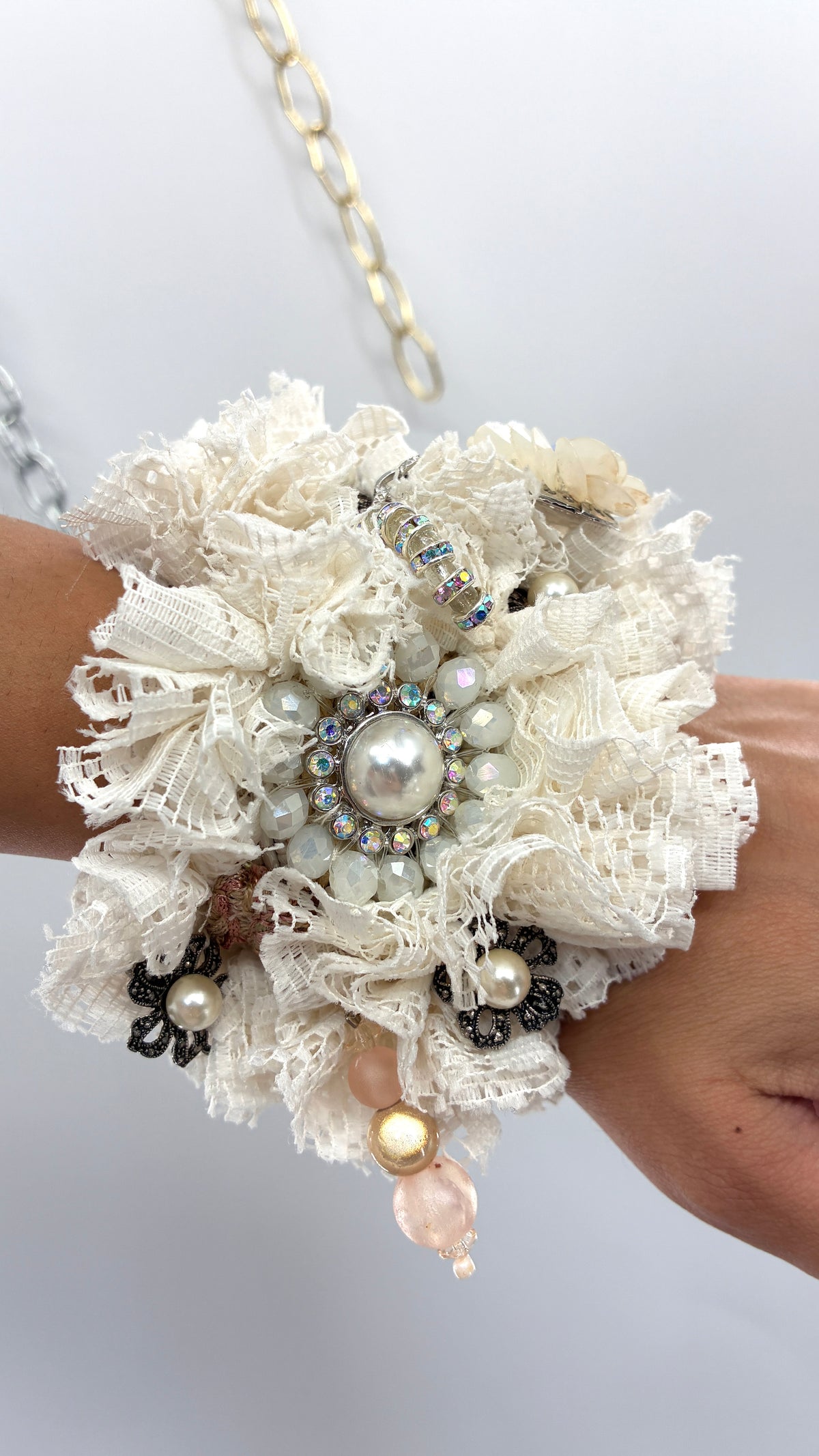 Handmade Oversized Ivory Lace Rosette & Jeweled Charm Statement Cuff