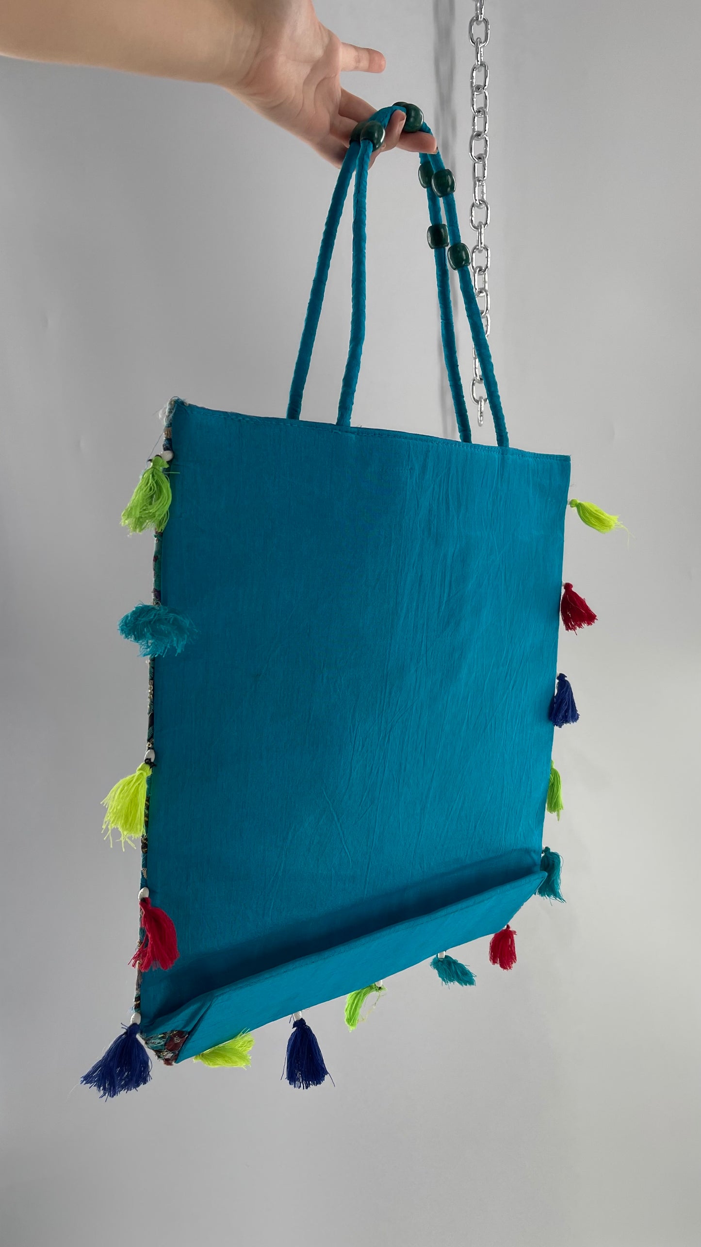 Imported Blue Patchwork Tote from Brazil with Tassel Detailing