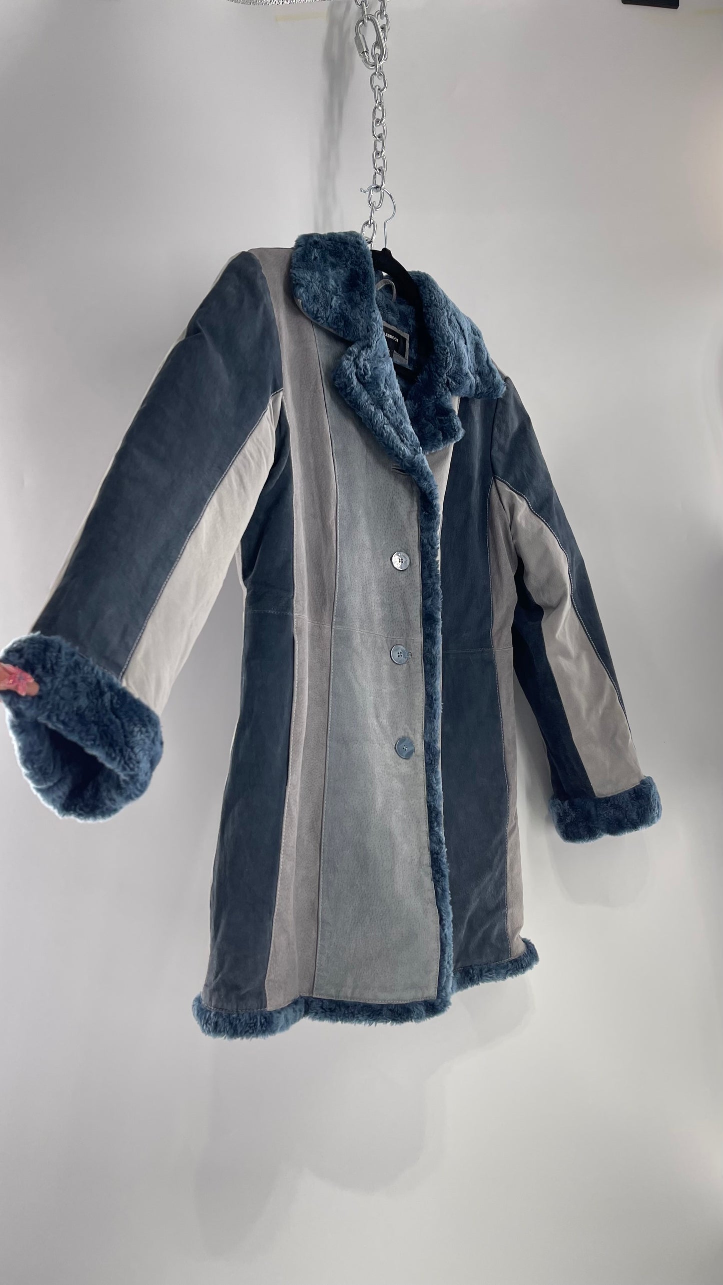 VINTAGE Colbrook Blue Denim Suede Leather Patchwork Coat with Fur Cuffs and Collar (Medium)