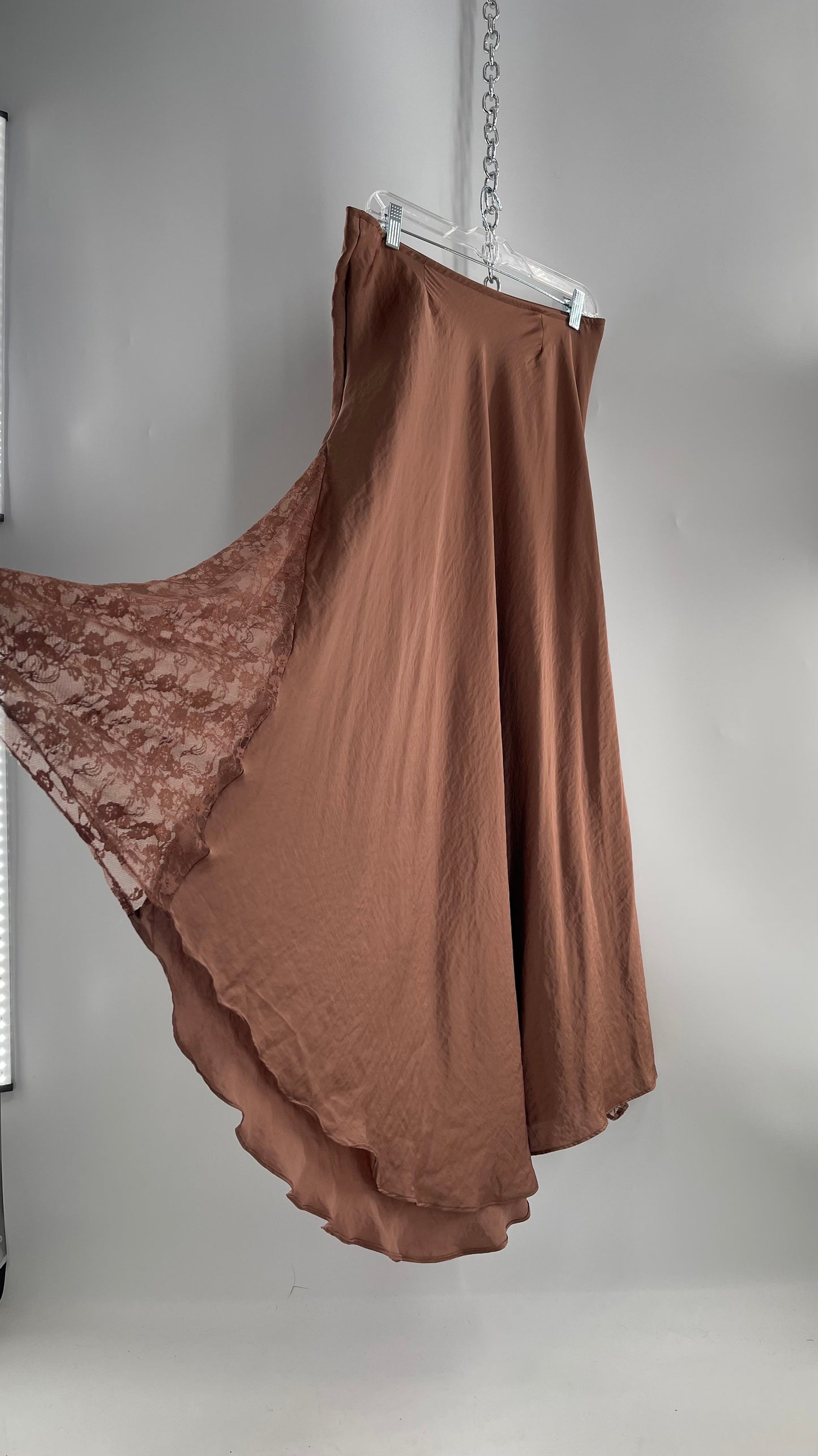 Intimately Free People Brown/Dusty Mauve Satin Maxi Skirt with Lace Paneling (Medium)