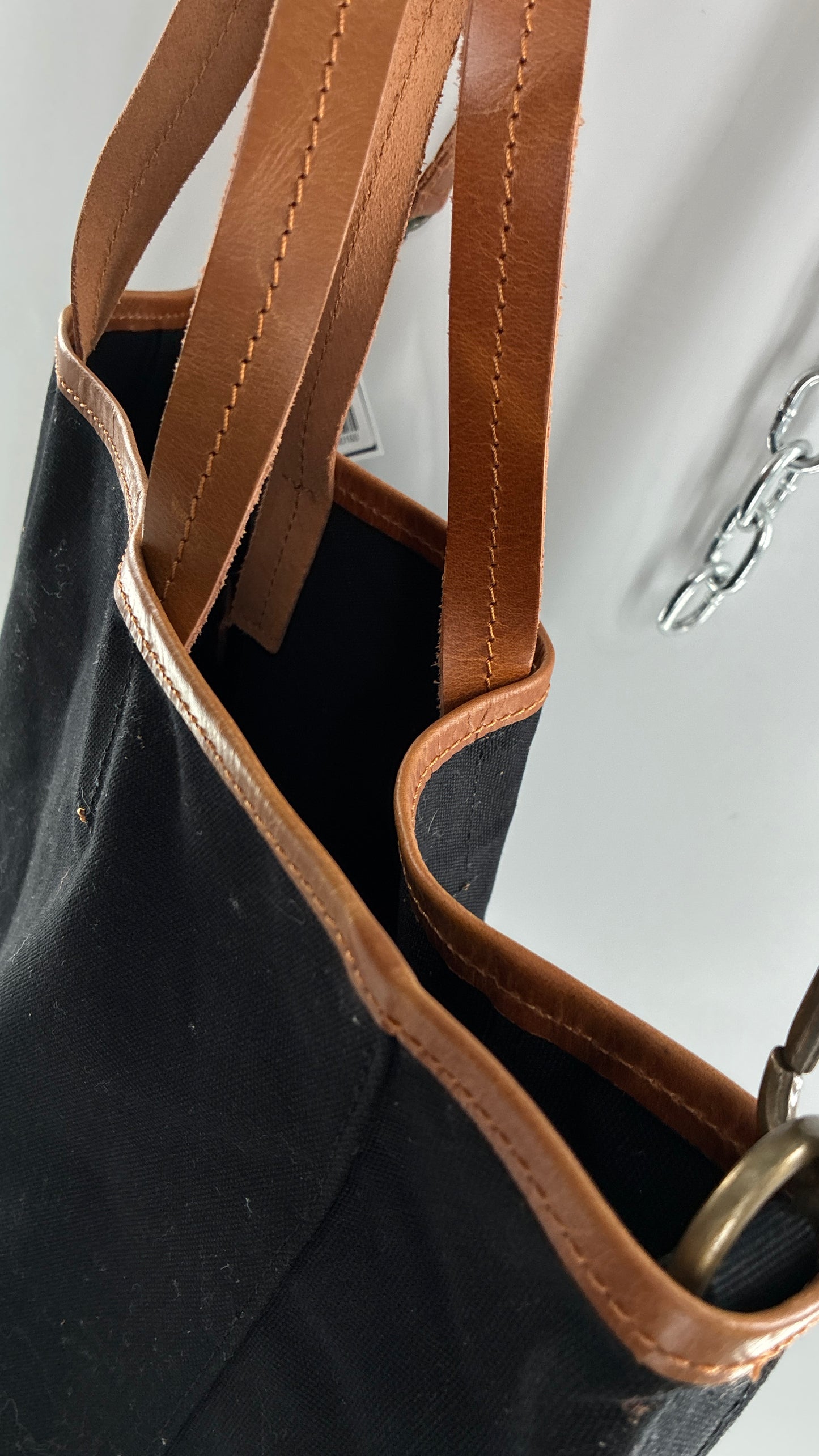 Urban Outfitters Large Black Cotton Tote Bag with Inner Pockets, Genuine Leather Lining and Straps